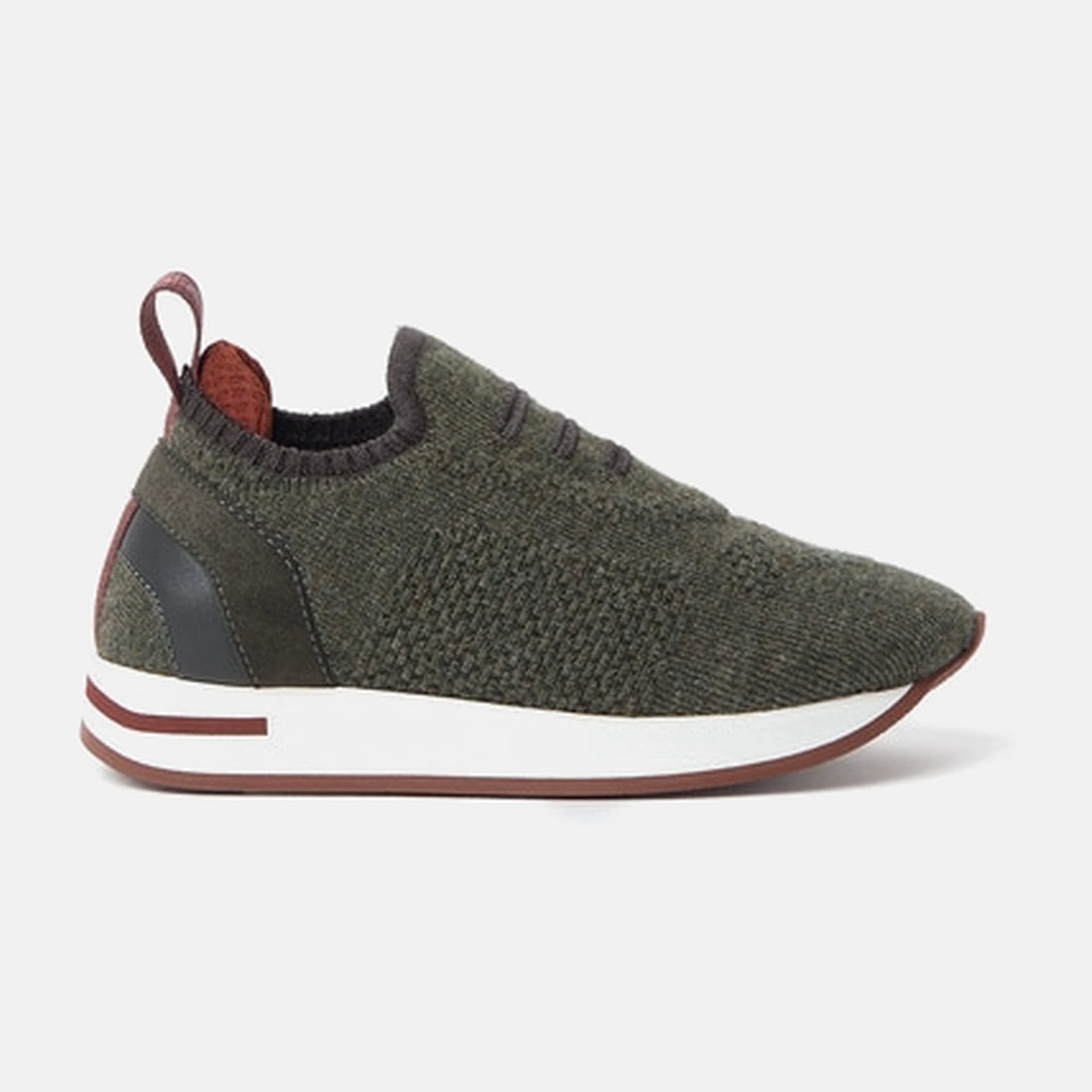Loro Piana Baby 360 Flexy Walk Sneaker in Wish Wool and Silk in Dried Parsley Flakes, front view