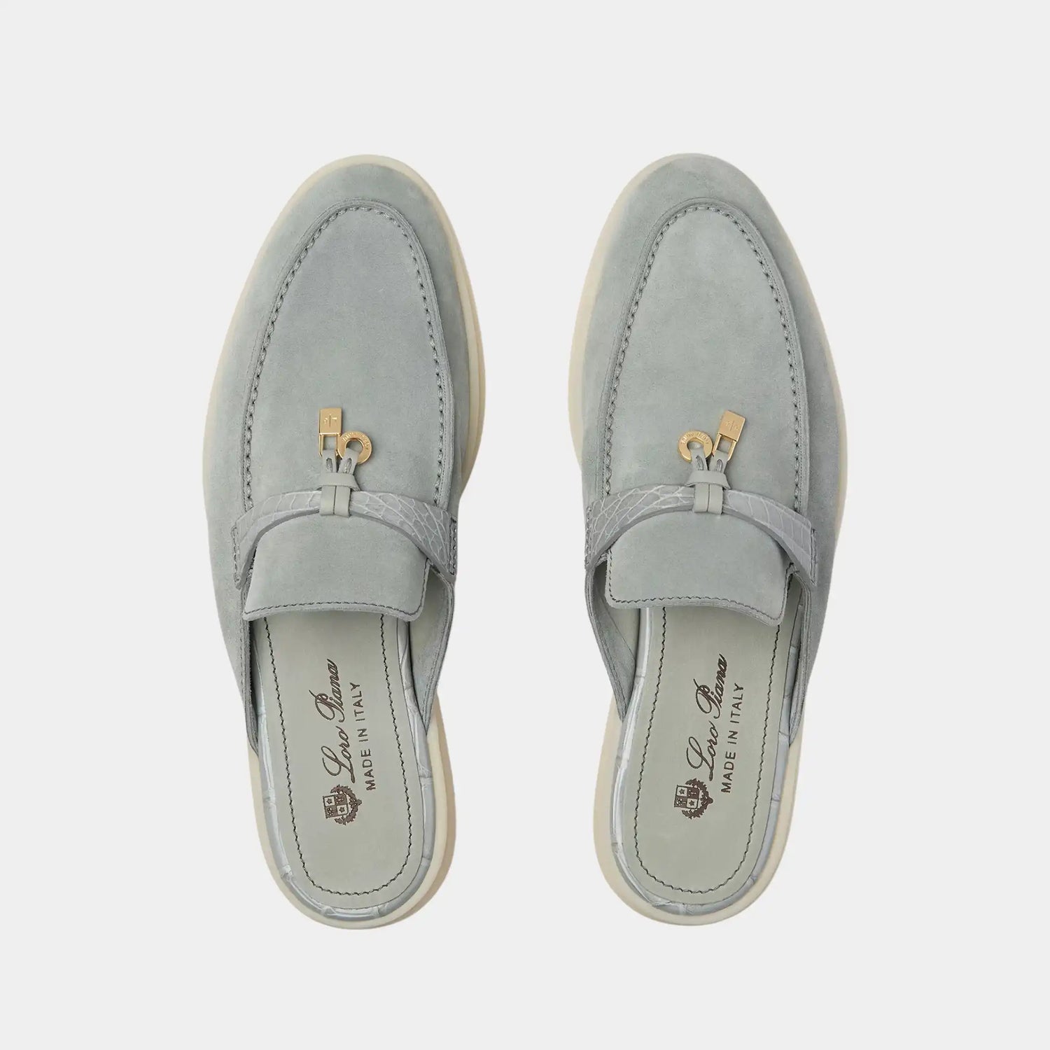 Loro Piana Charms Walk Babouche Loafer Suede With Alligator Saddles, Eucalyptus, Top