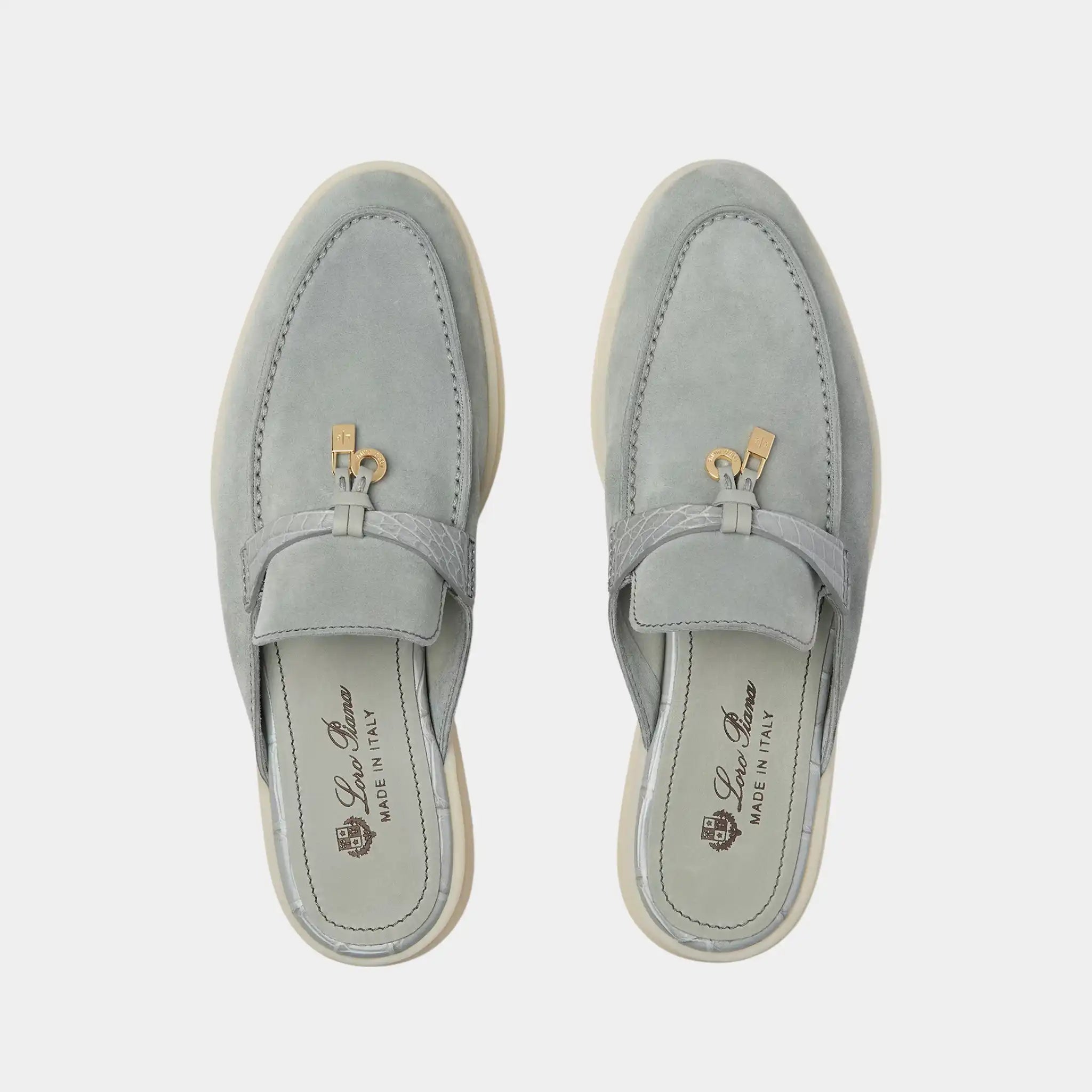 Loro Piana Charms Walk Babouche Loafer Suede With Alligator Saddles, Eucalyptus, Top