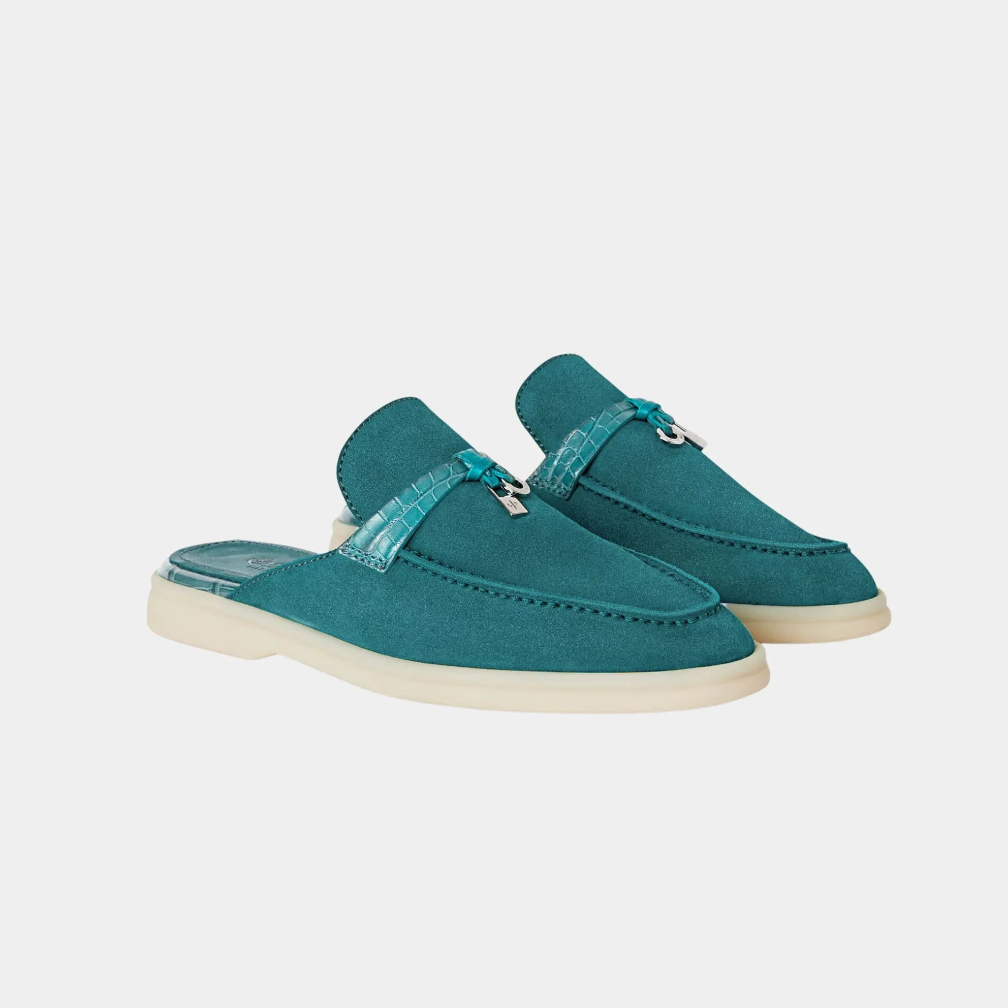 Loro Piana Charms Walk Babouche Loafer Suede With Alligator Saddles, Fir Forest, Front