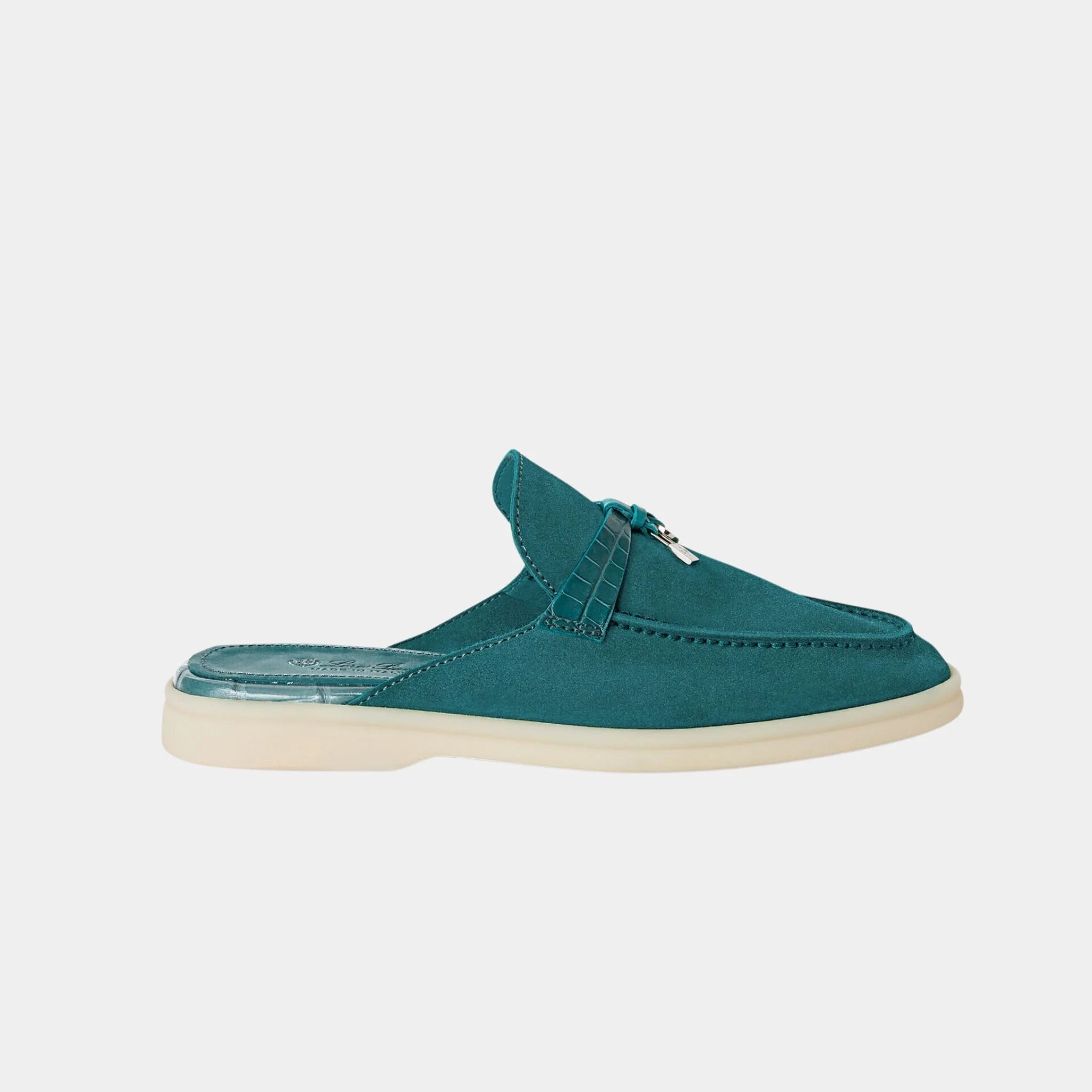 aLoro Piana Charms Walk Babouche Loafer Suede With Alligator Saddles, Fir Forest, Side