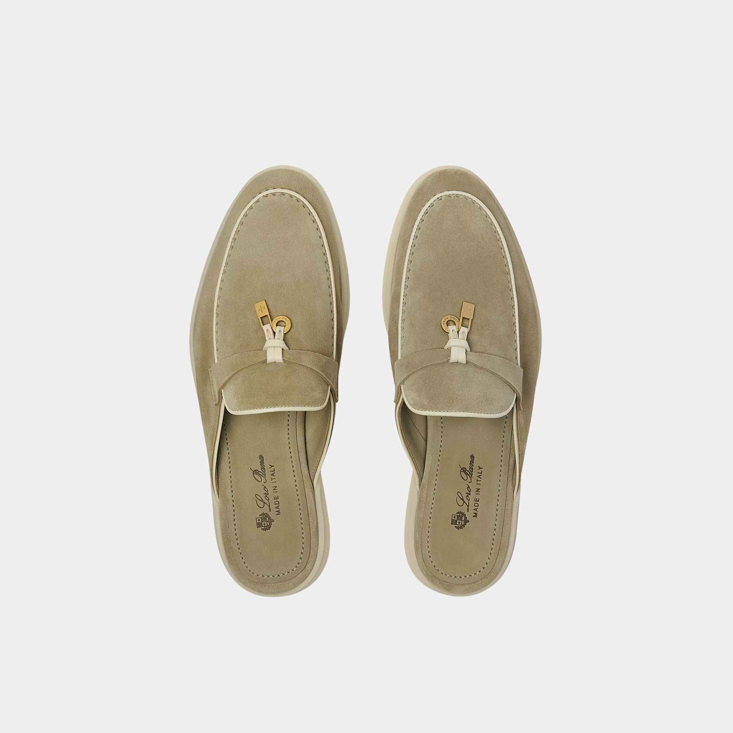 Loro Piana Charms Walk Babouche Loafer With Leather Piping, Dried Taragon, Top