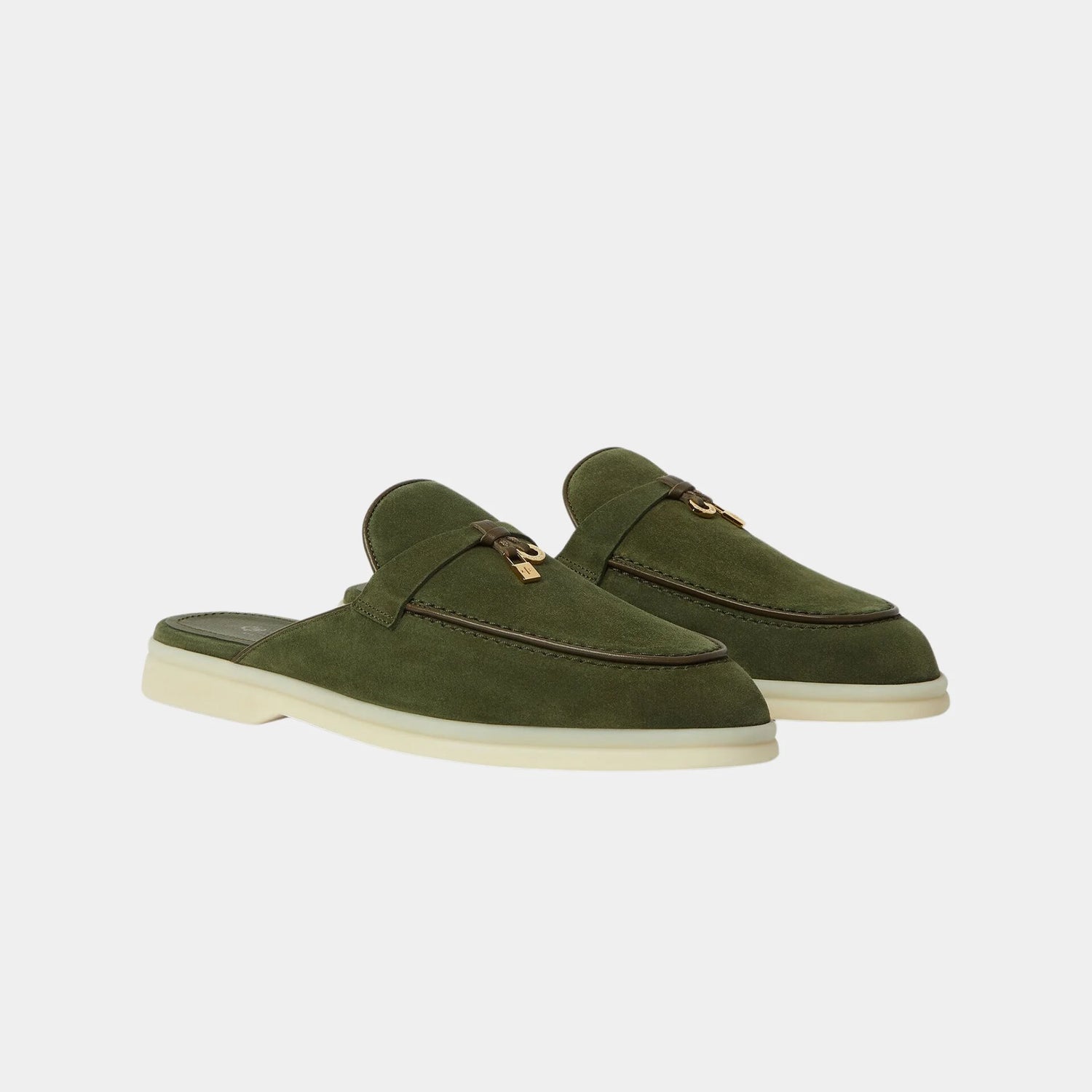 Loro Piana Charms Walk Babouche Loafer With Leather Piping, Ribbon Green, Front