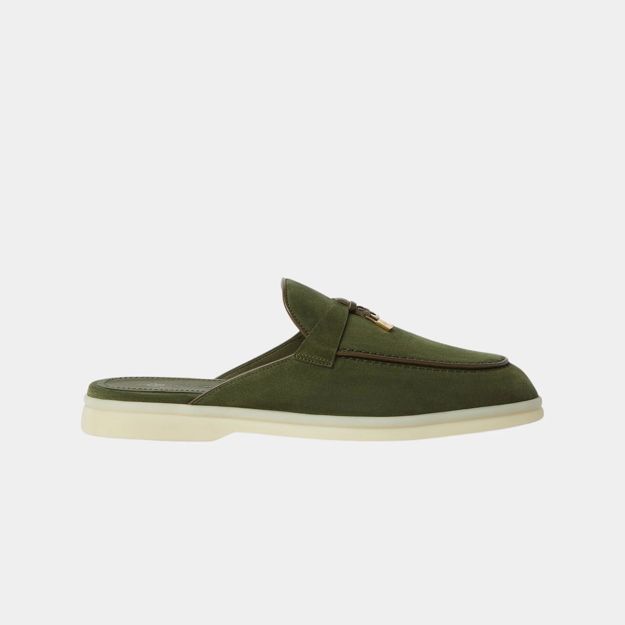 Loro Piana Charms Walk Babouche Loafer With Leather Piping, Ribbon Green, Side