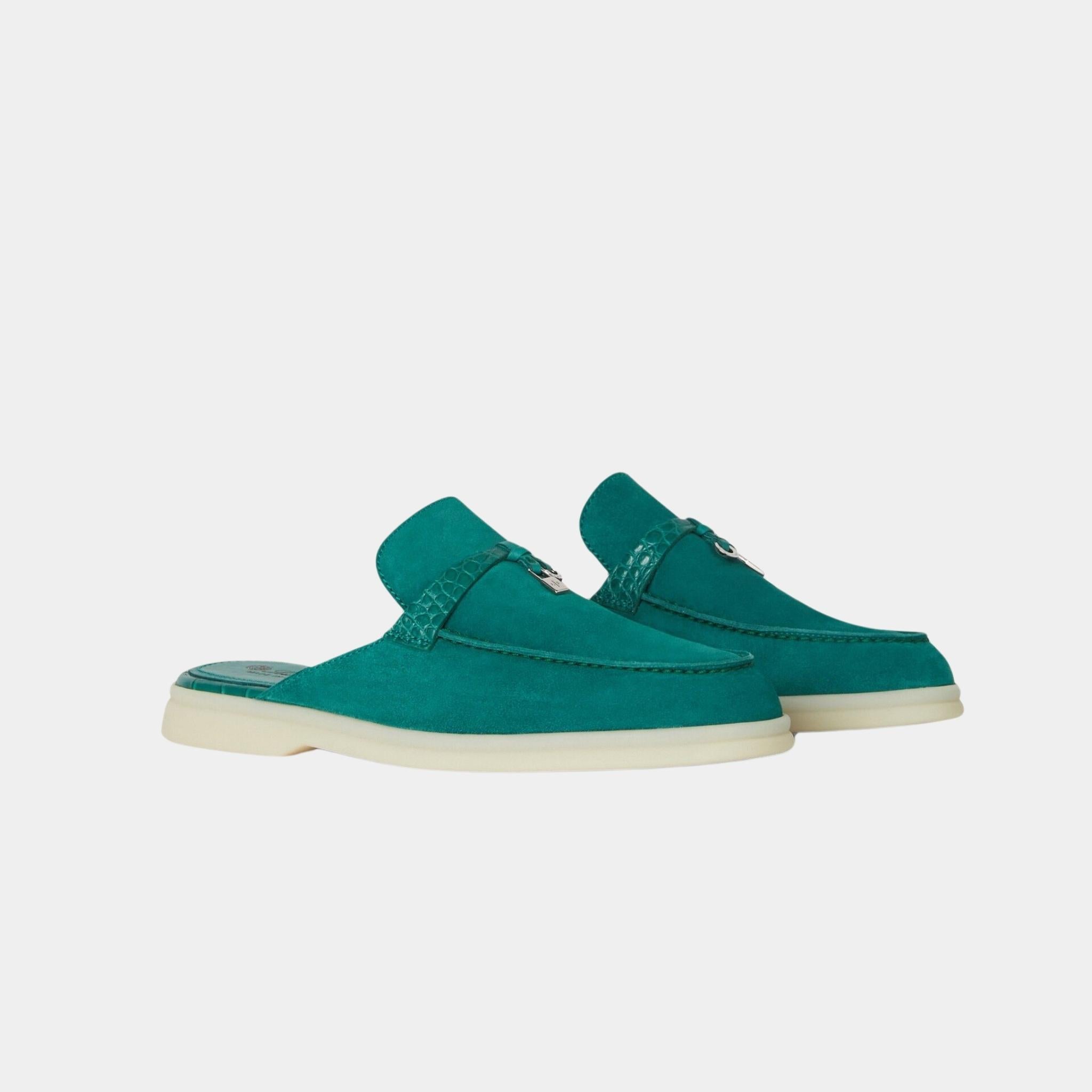 Loro Piana Charms Walk Babouche Suede Loafer With Alligator Saddles, Forest Leaves, Front
