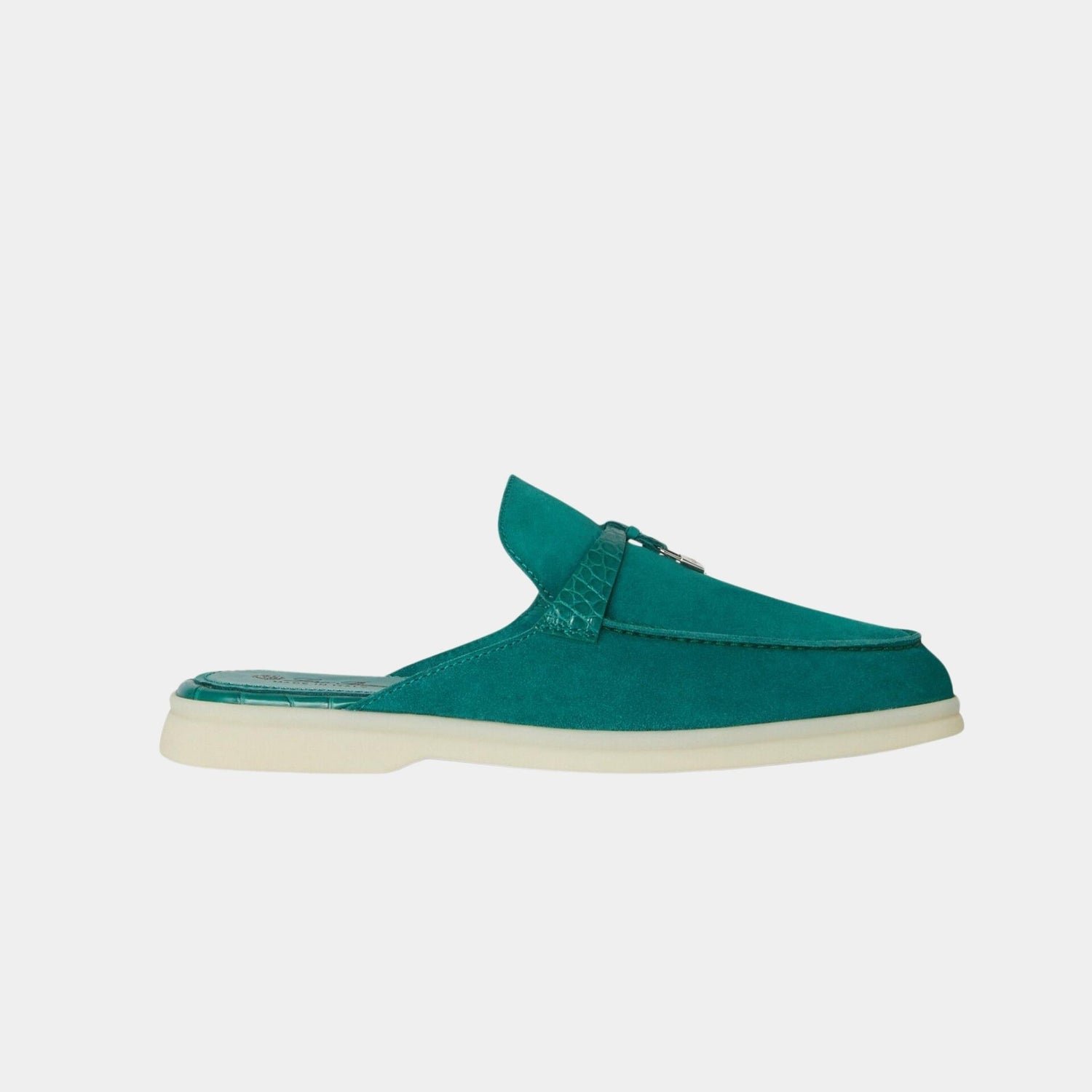 Loro Piana Charms Walk Babouche Suede Loafer With Alligator Saddles, Forest Leaves, Side