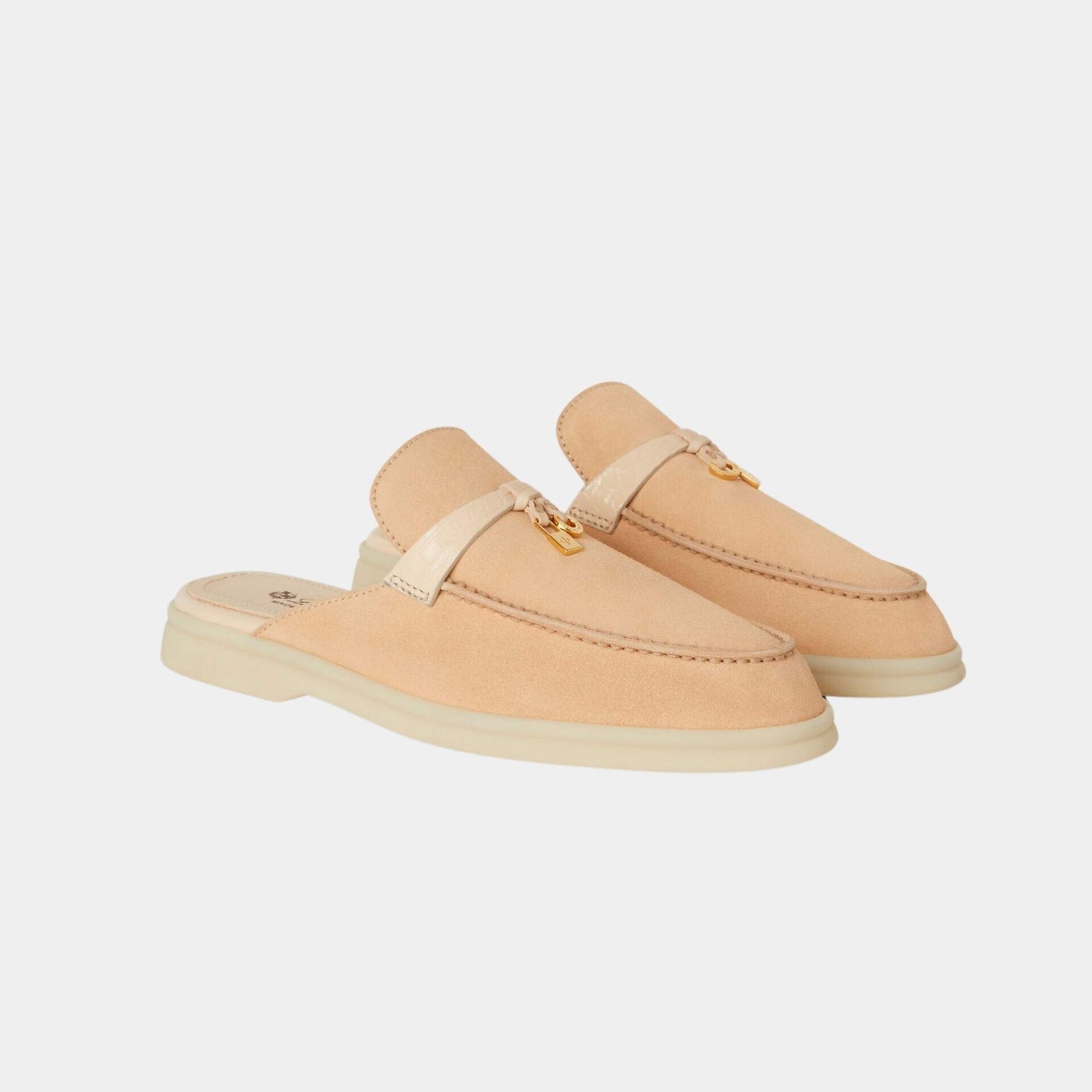 Loro Piana Charms Walk Babouche Suede Loafer With Alligator Saddles, Lemon Meringue, Front