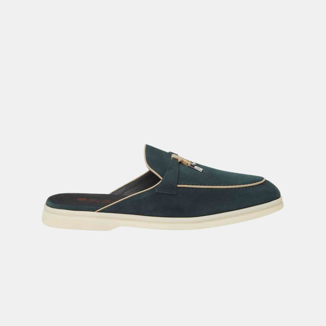 Loro Piana Charms Walk Babouche Suede Loafer With Leather Piping, Emerald Noire, Side