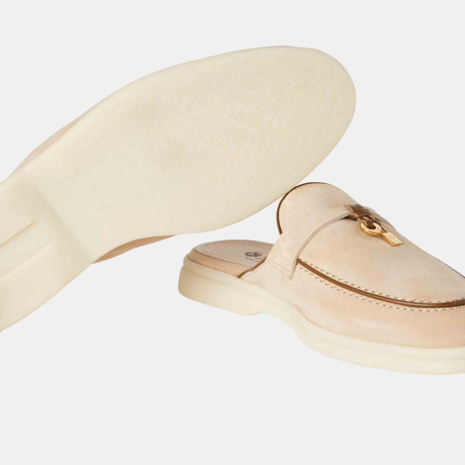 Loro Piana Charms Walk Babouche Suede Loafer With Leather Piping, Natural Light Camel, Front, Closeup