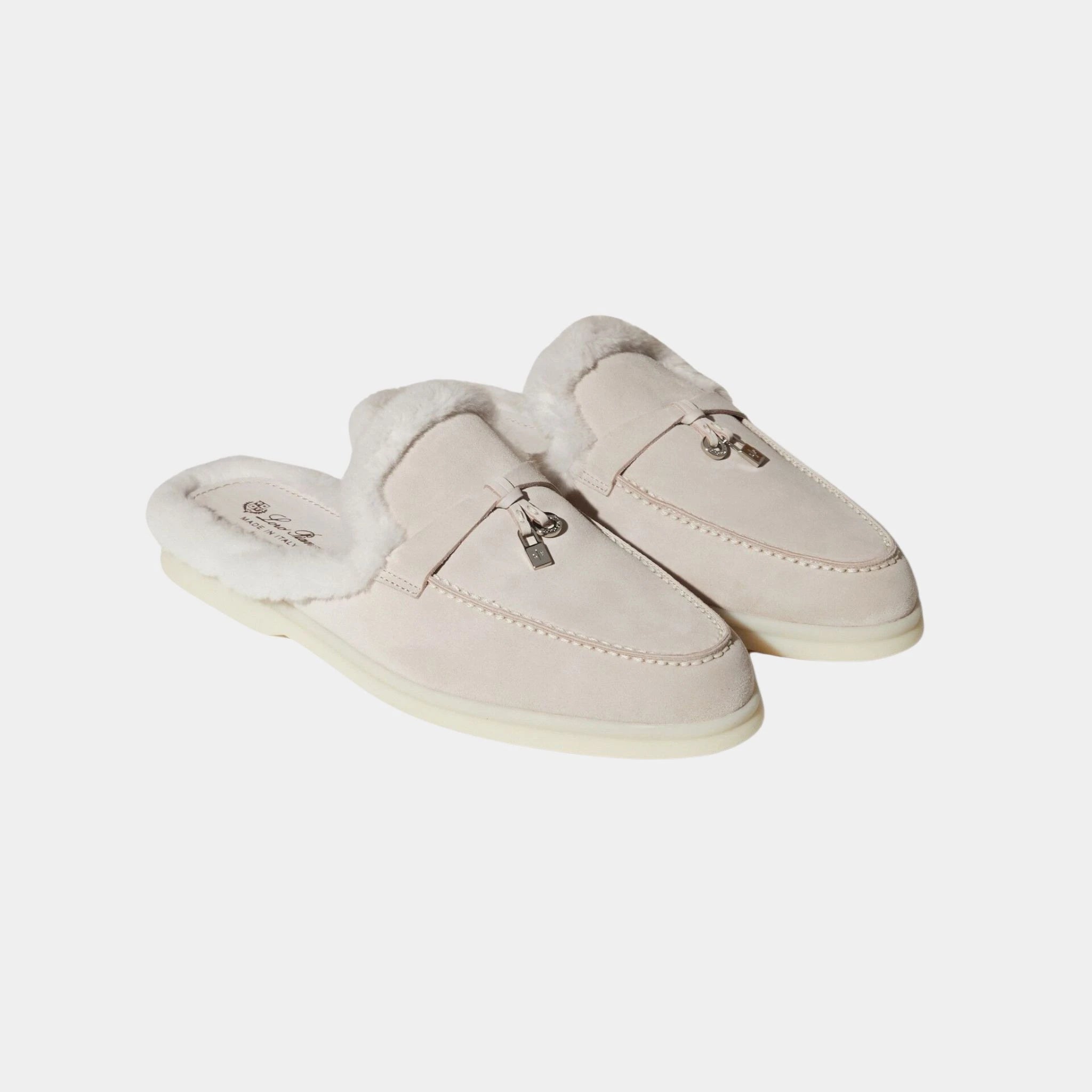 Loro Piana Charms Walk Babouche Suede Loafer With Soft Fur Lining, Powder Pearl, Front