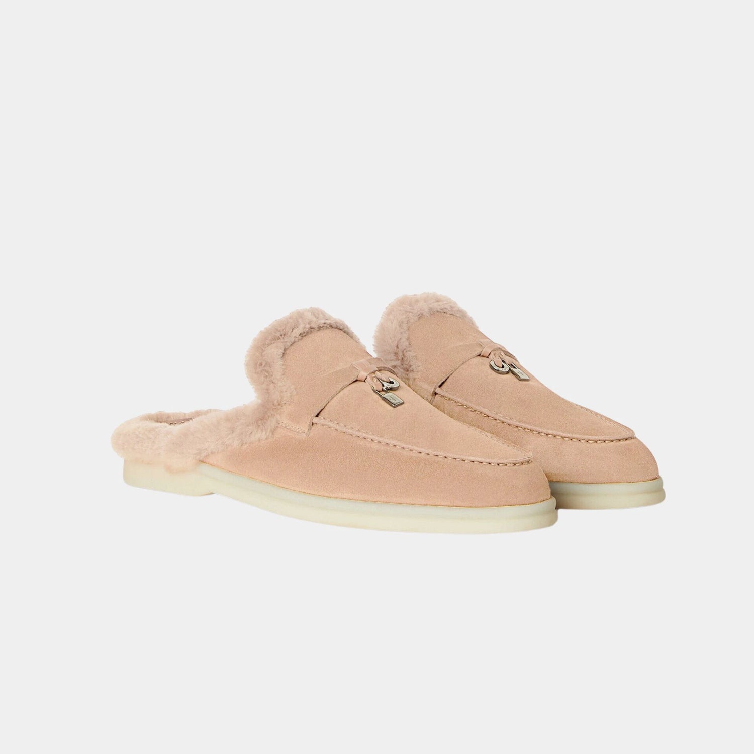 Loro Piana Charms Walk Babouche Suede Loafer With Soft Fur Lining, Strawberry Frosting, Front