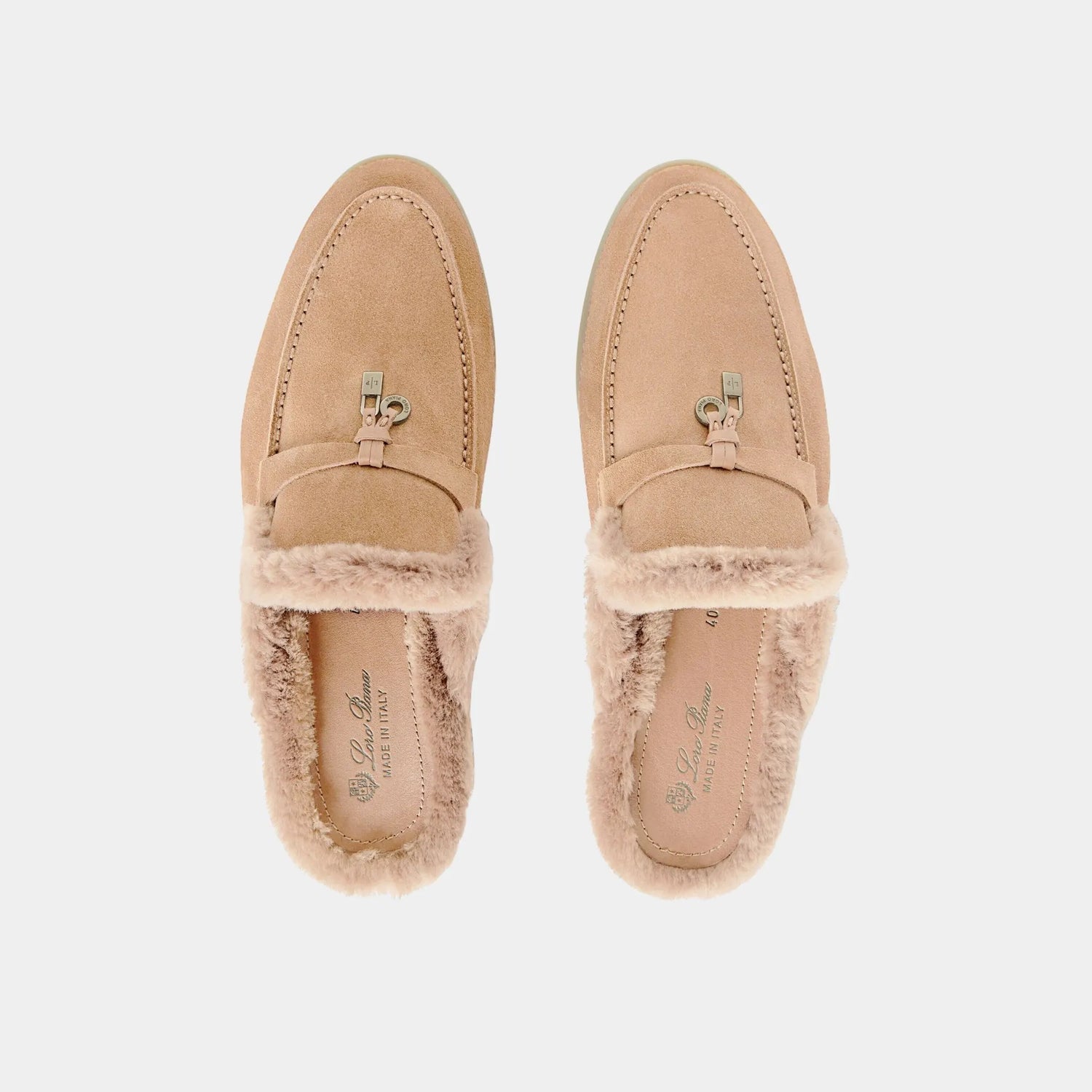 Loro Piana Charms Walk Babouche Suede Loafer With Soft Fur Lining, Strawberry Frosting, Top