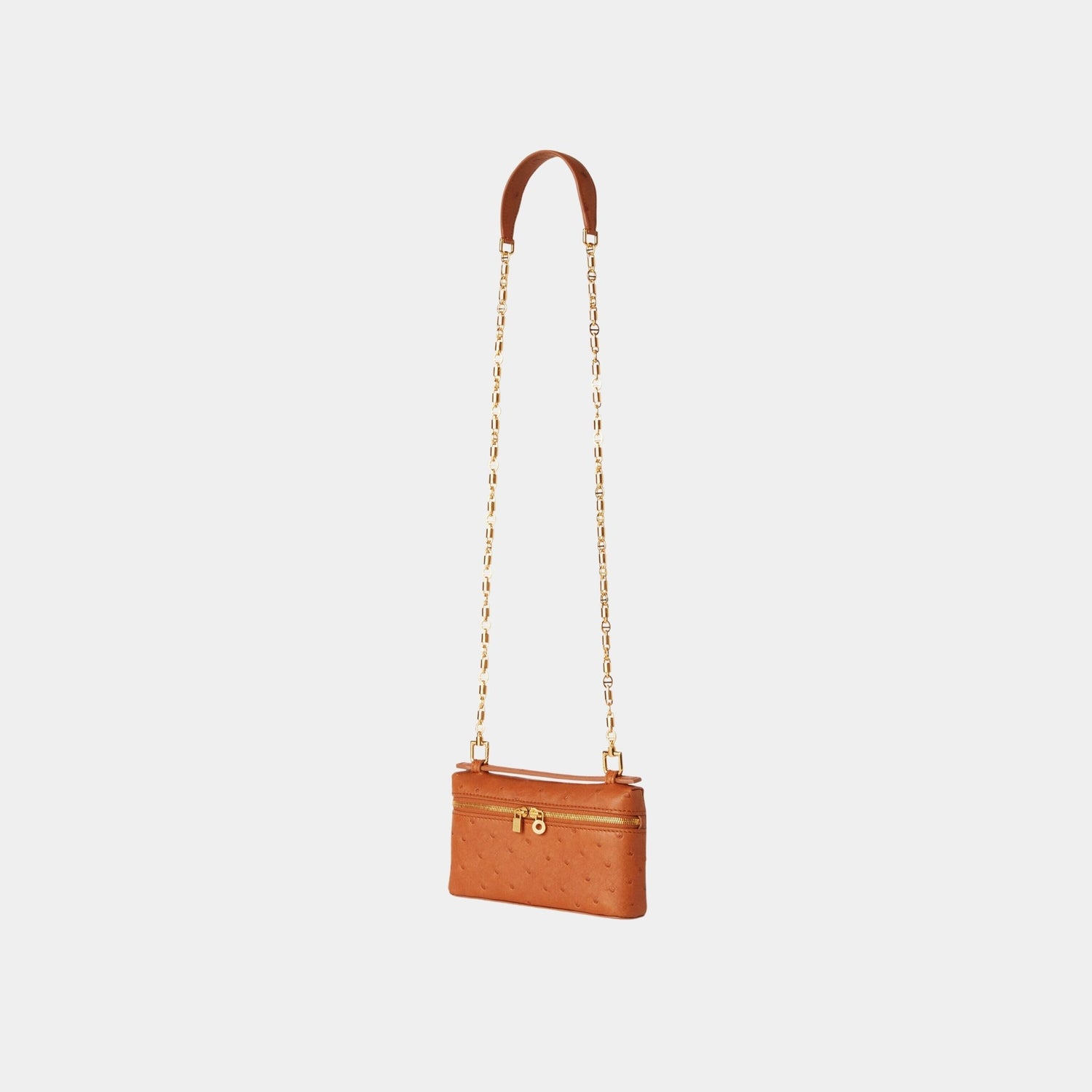 Loro Piana Extra Pocket Mini Pouch Ostrich Leather, Cognac, Sun Gold, Strap