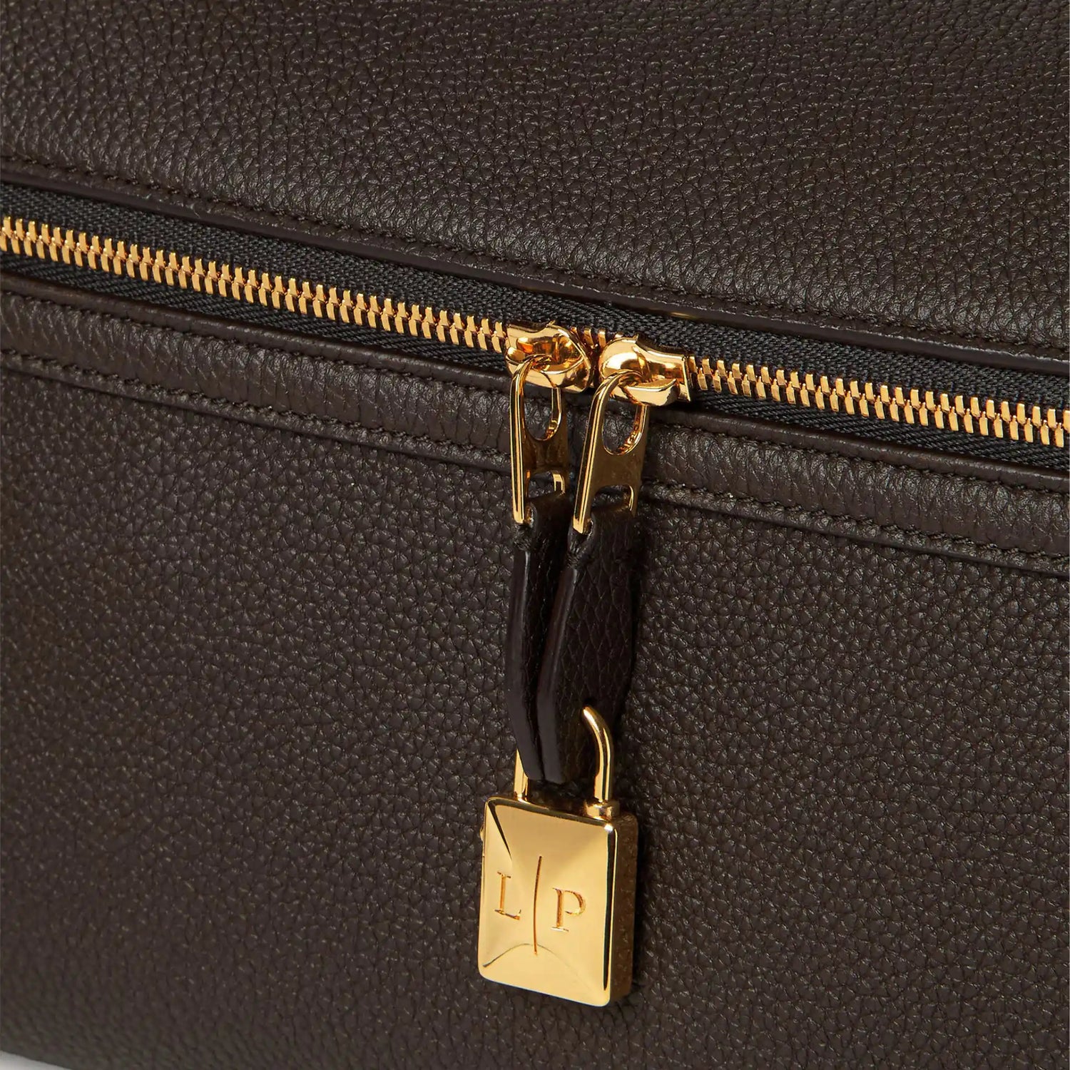 Loro Piana Extra Softy Bag L33 Calfskin, Dark Chocolate Licorice/Sun Gold, closeup