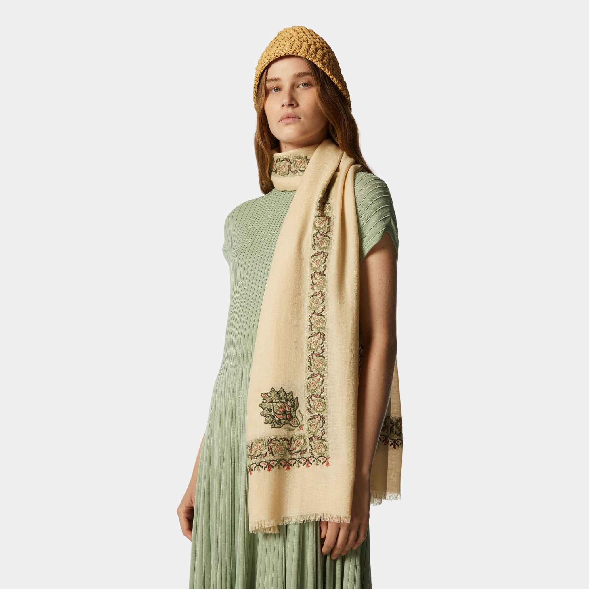 Loro Piana Flower Echoes Stole Silk Cashmere, Parchment, Green Fluorite, Pink Clay, Model