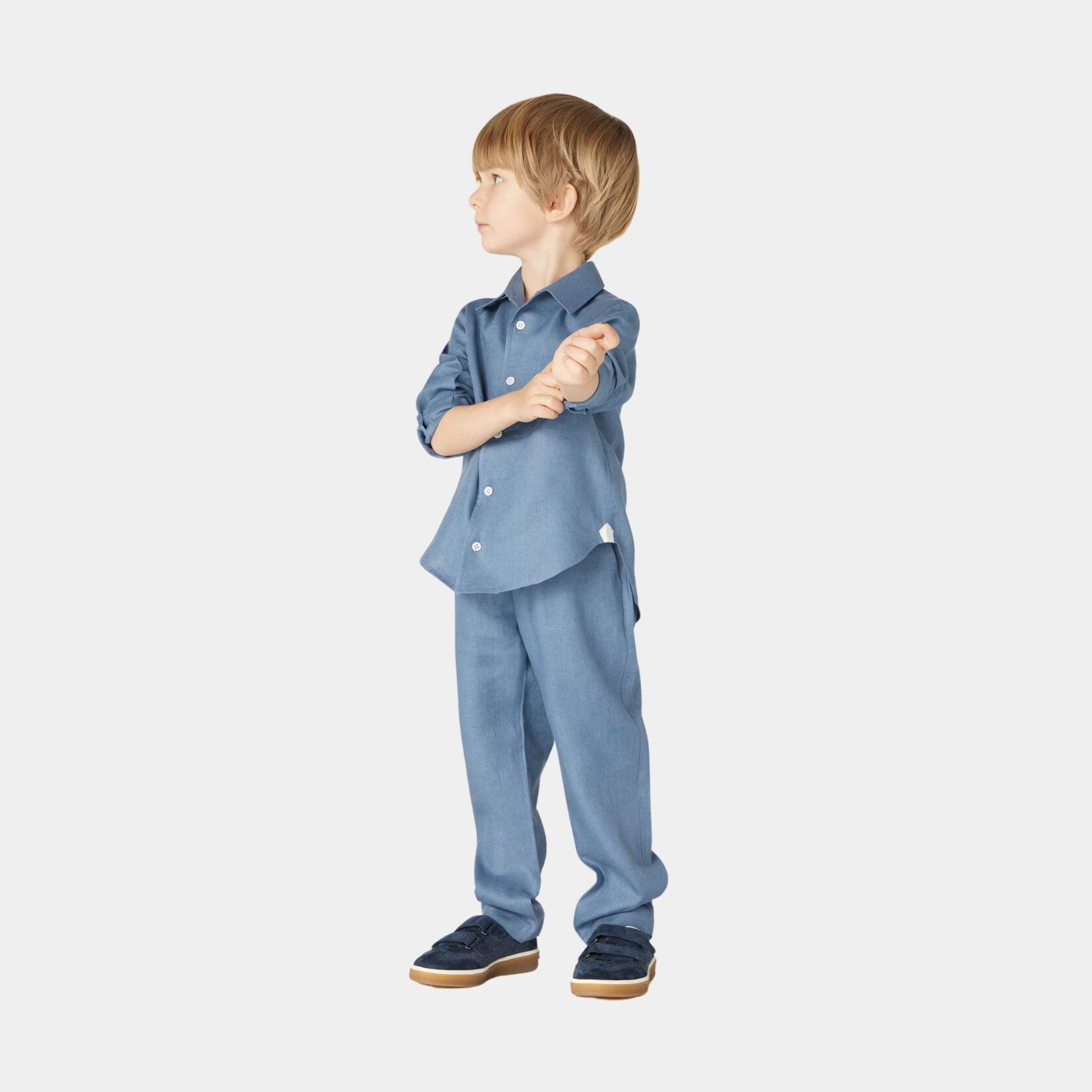 Loro Piana Kids Markus Trousers Linen, Blue Mirage, Model