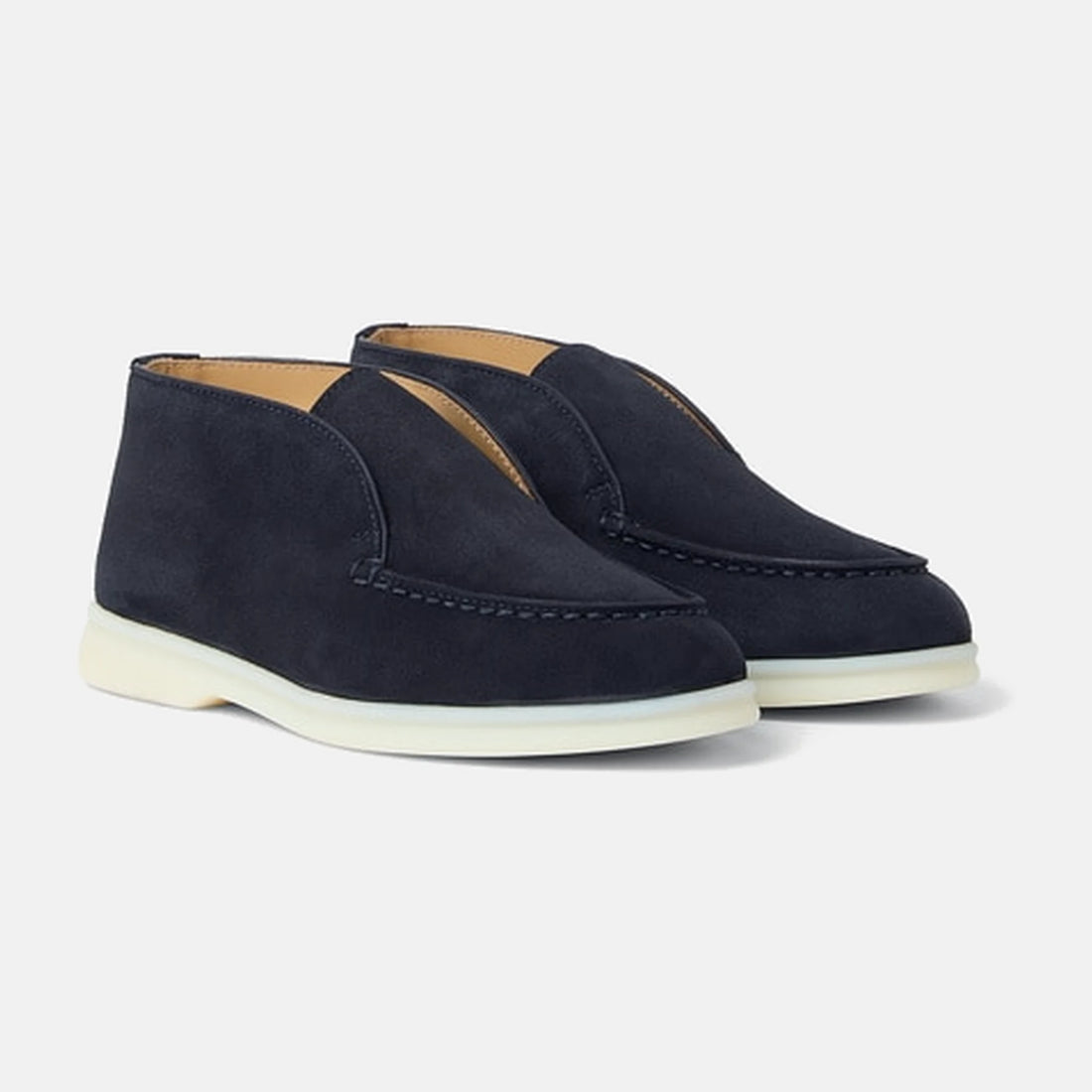 Loro Piana Kids Open Walk Ankle Boots in Suede in Blue Navy, three quarter view