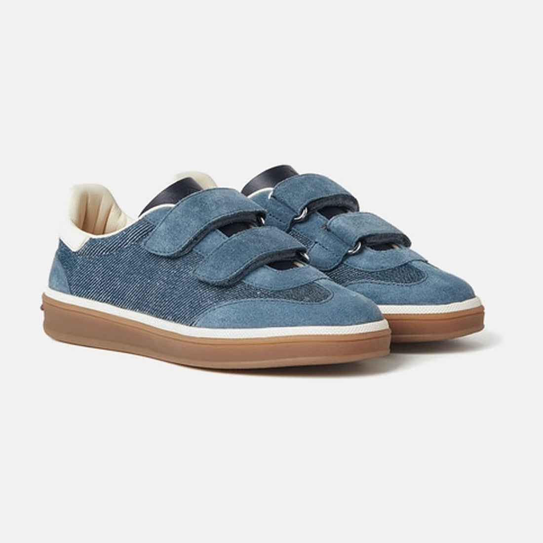 Loro Piana Kids Tennis Walk Sneakers in Austin Denim in Indigo Green Raw, three quarter view