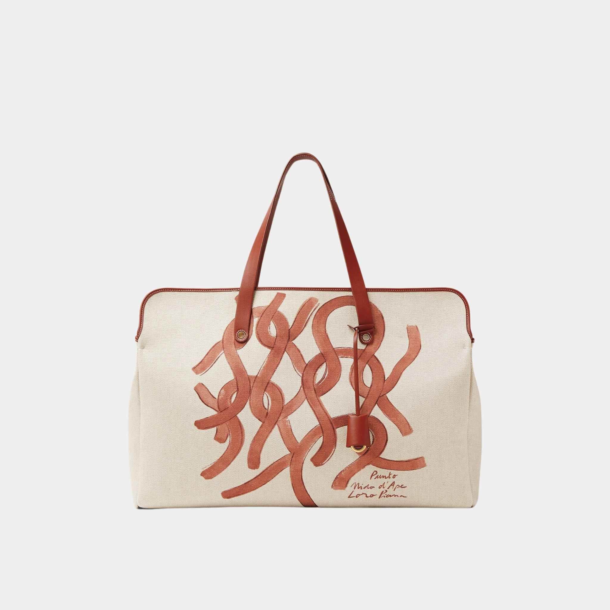 Loro Piana Laguna Shopper Bag Cotton-Linen And Calfskin, Papyrus, Kummel, Deep Kummel, Front