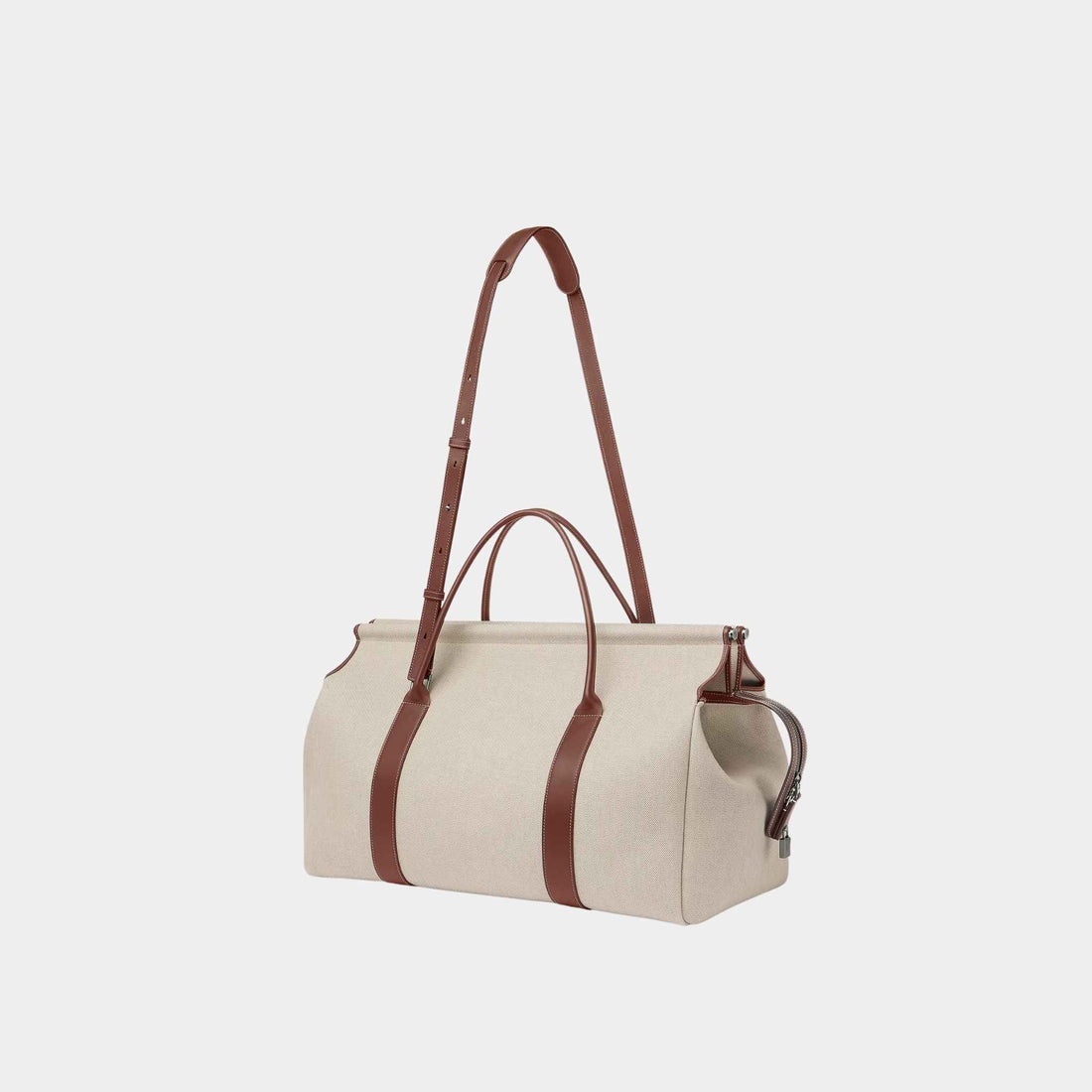 حقيبة Loro Piana Loom Weekender Bag L42 من القطن والكتان وجلد العجل، طبيعي، سكر الكراميل، مع حزام
