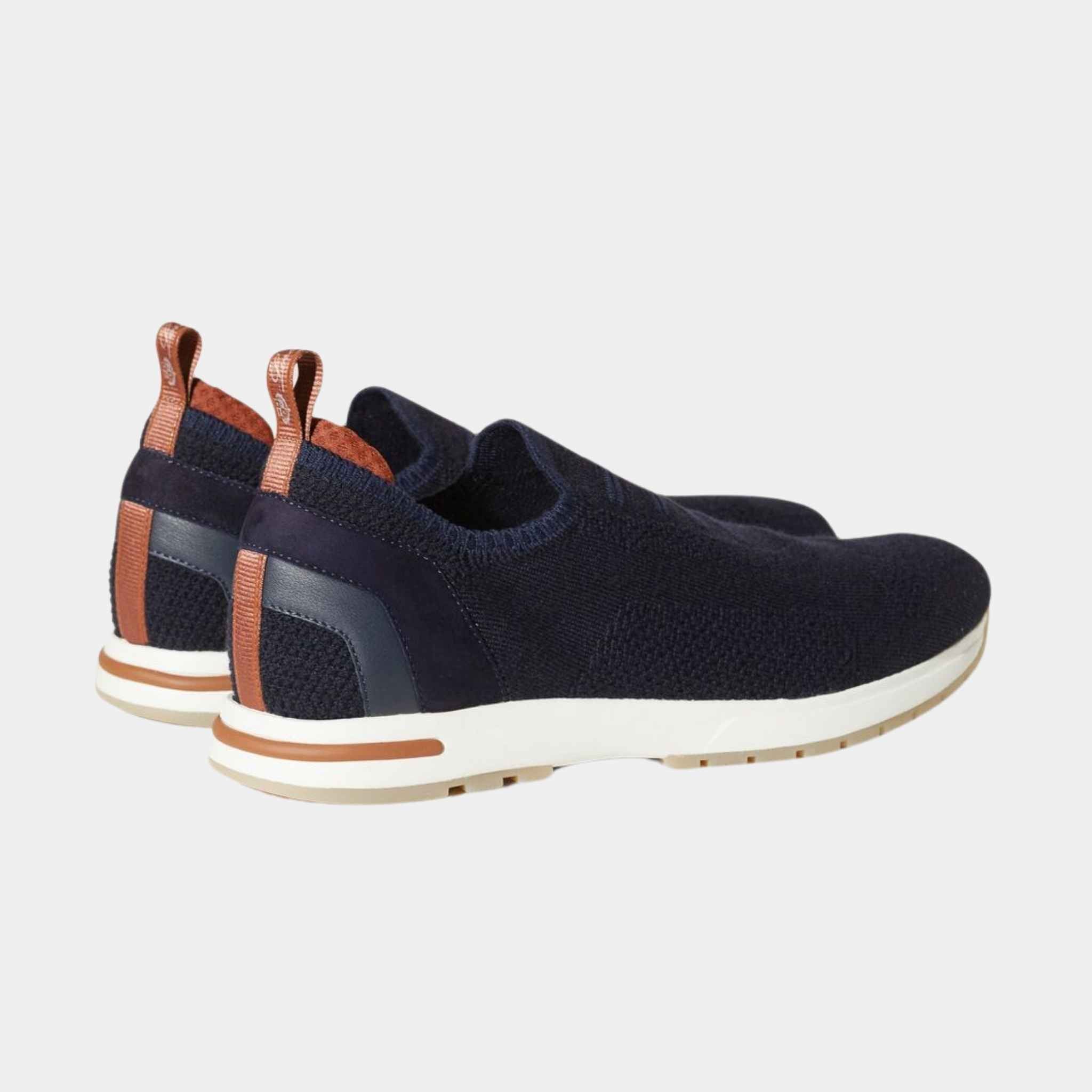 Loro Piana 360 LP Flexy Walk Sneakers In Kummel Colored Eyelets, Navy Blue, Back View