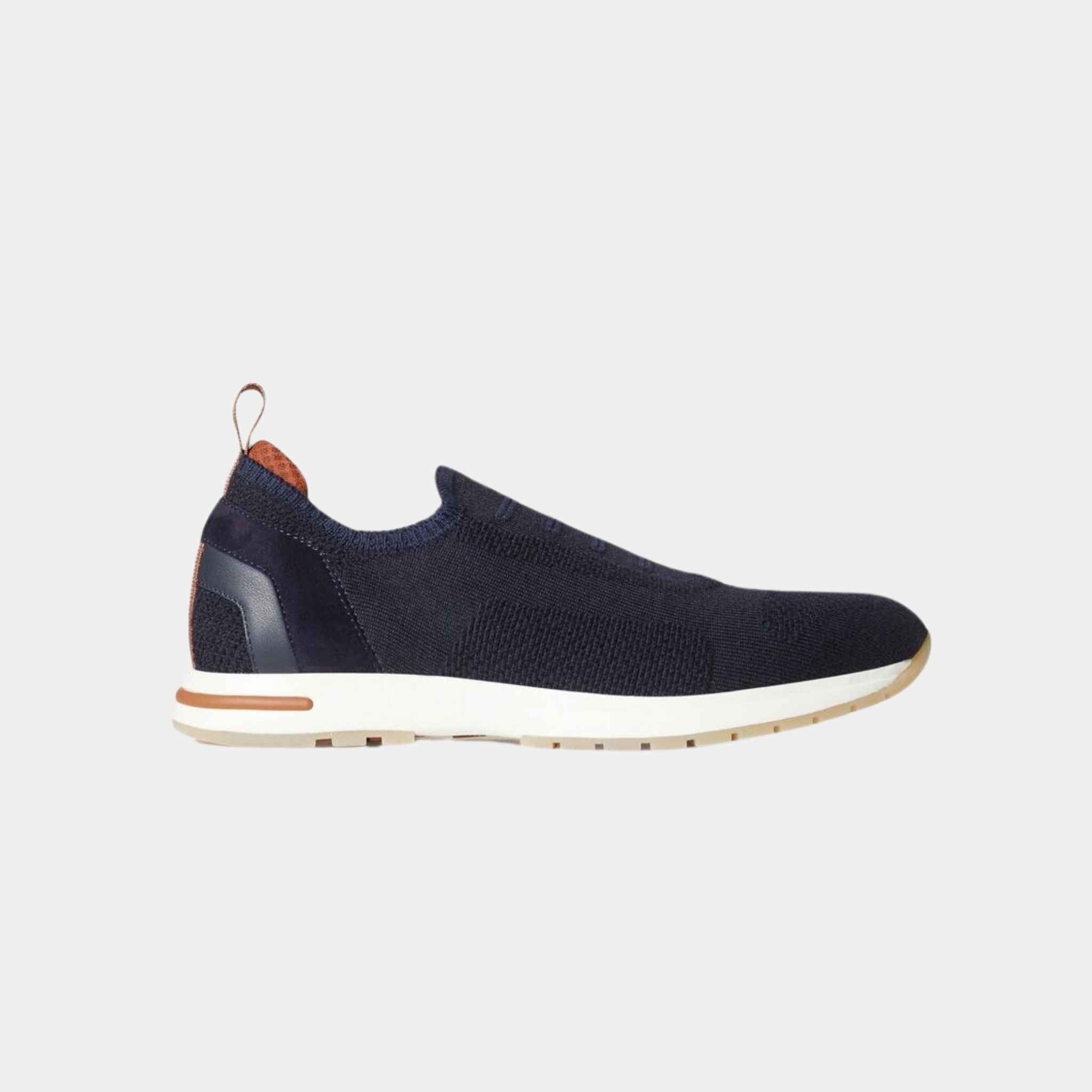 Loro Piana 360 LP Flexy Walk Sneakers In Kummel Colored Eyelets, Navy Blue, Side View