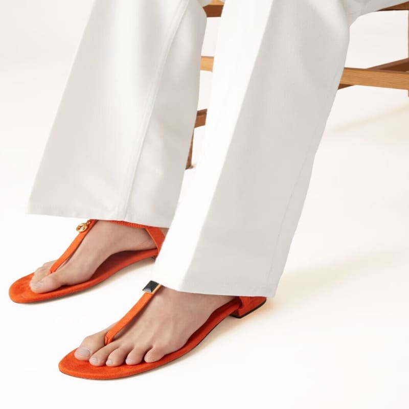 Loro Piana Mindil Sandal Kyoto Orange with model
