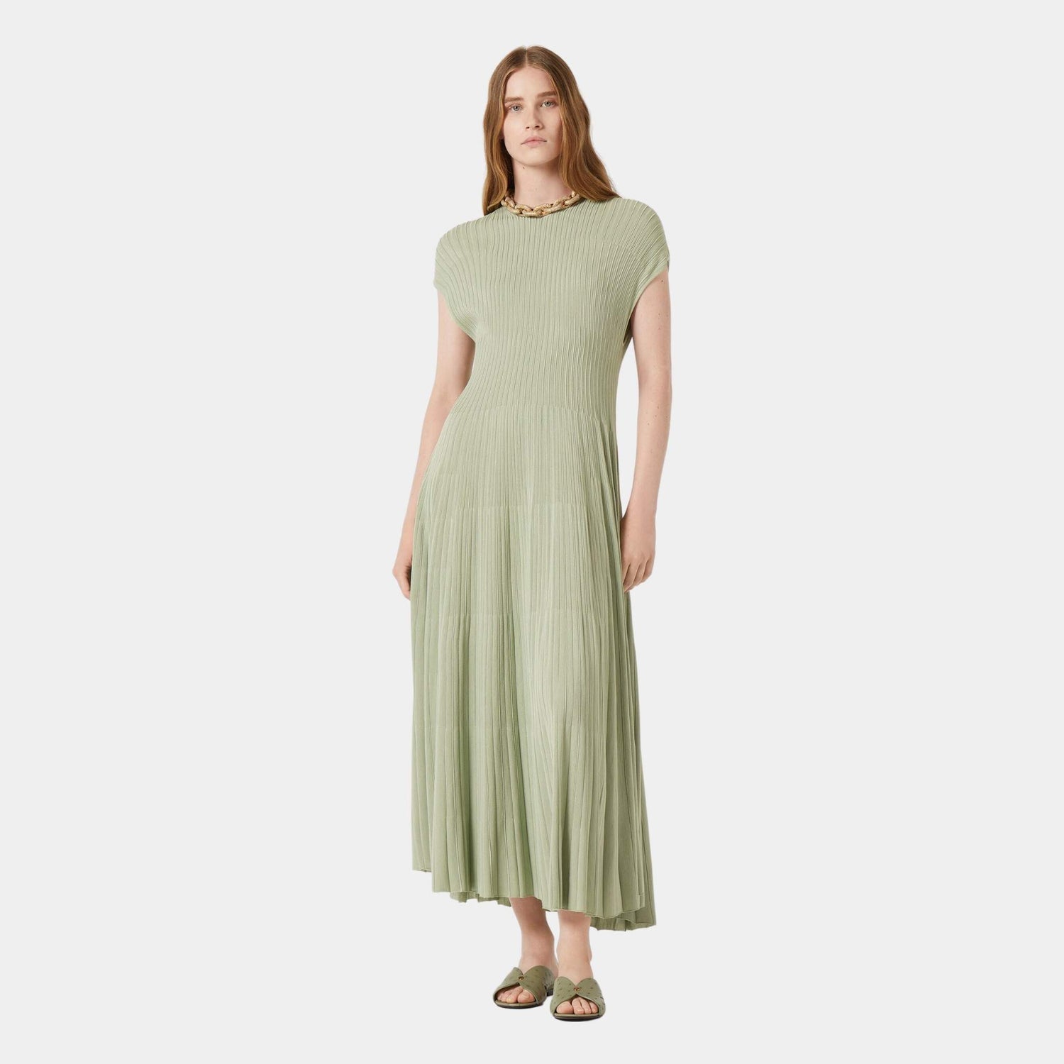 Loro Piana Pleated Dress Silk, Green, Fluorite, Model