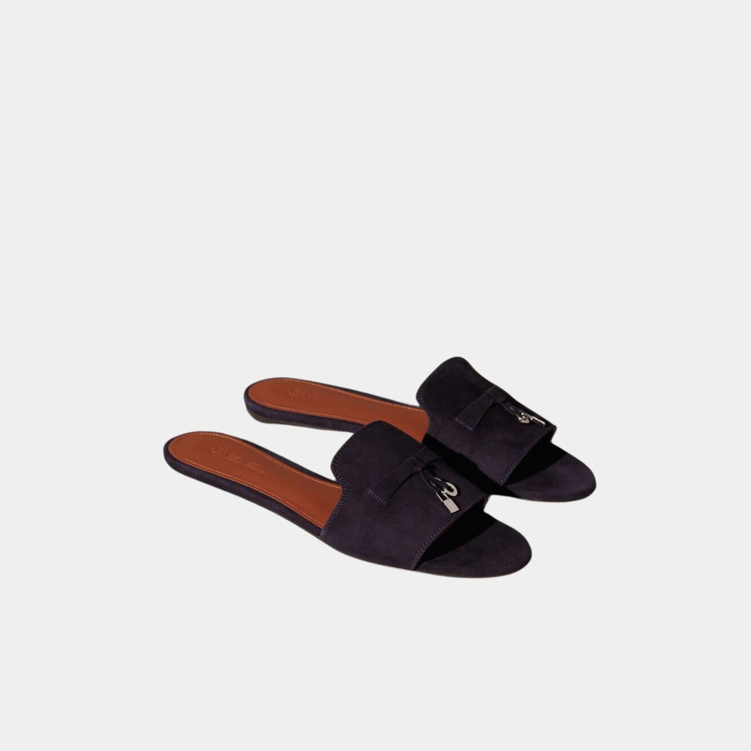 Loro Piana Summer Charms Flat Sandal Suede Goatskin, Navy Blue, Front