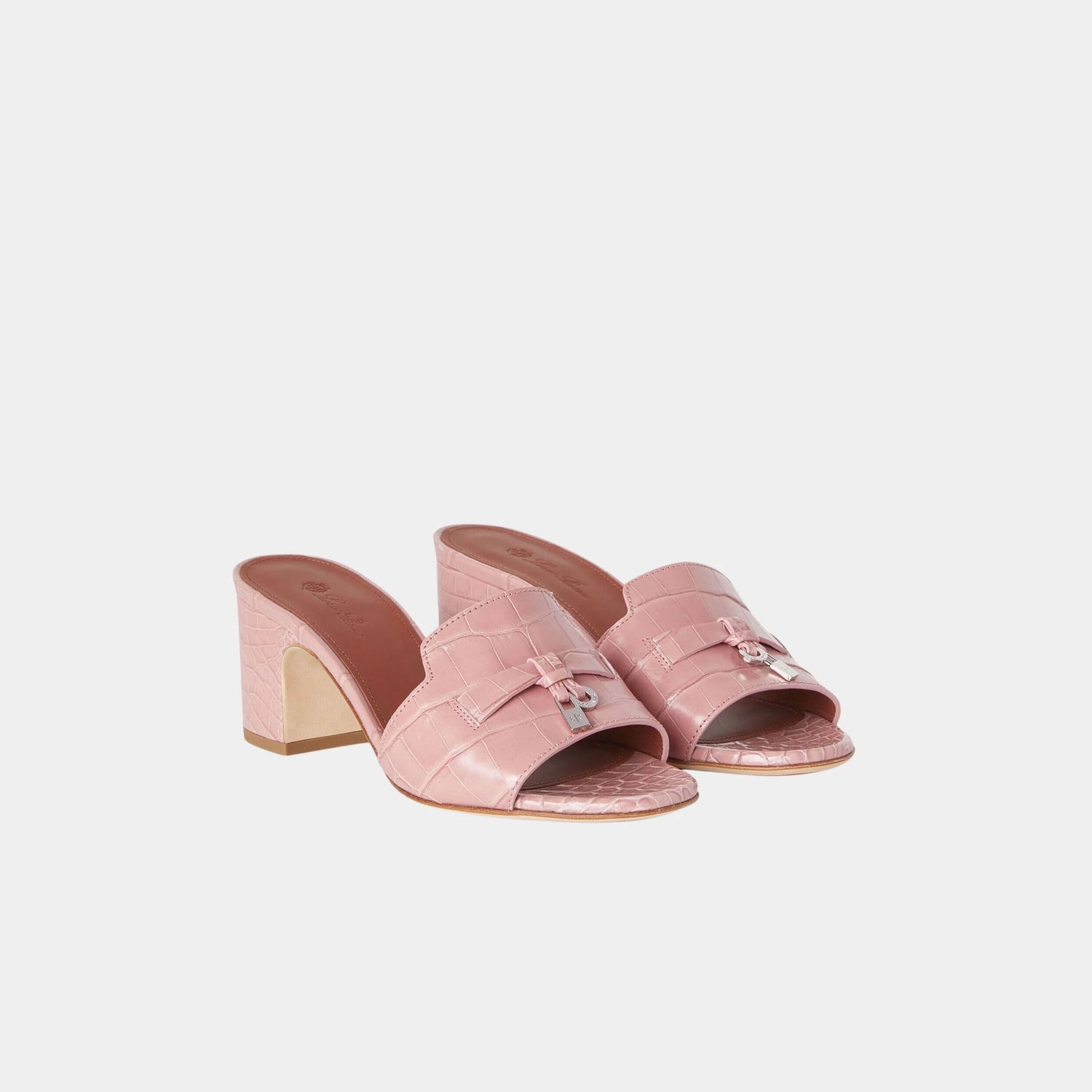 Loro Piana Summer Charms Heeled Sandal in Alligator Leather, Noisette Rose, Front