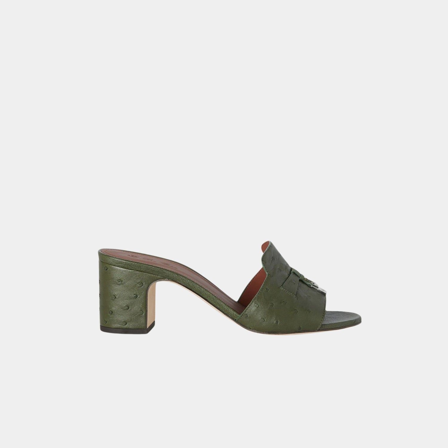 Loro Piana Summer Charms Heeled Sandal Ostrich Leather, Dark Lichen Green, Side