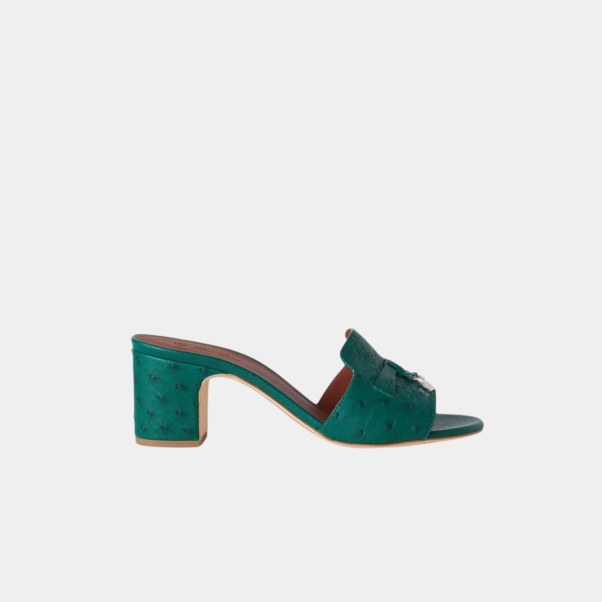 Loro Piana Summer Charms Heeled Sandal Ostrich Leather, Forest Leaves, Side