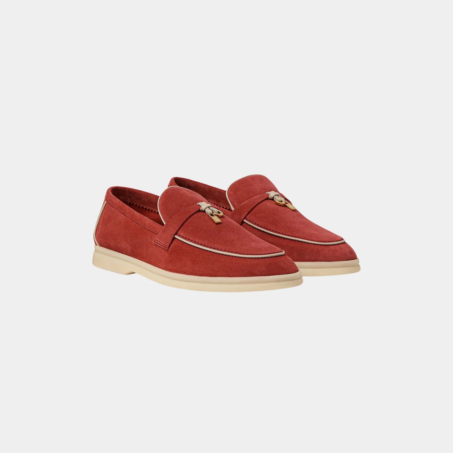 Loro Piana Summer Charms Walk Loafers In Suede Goatskin, Windsor Red, Front