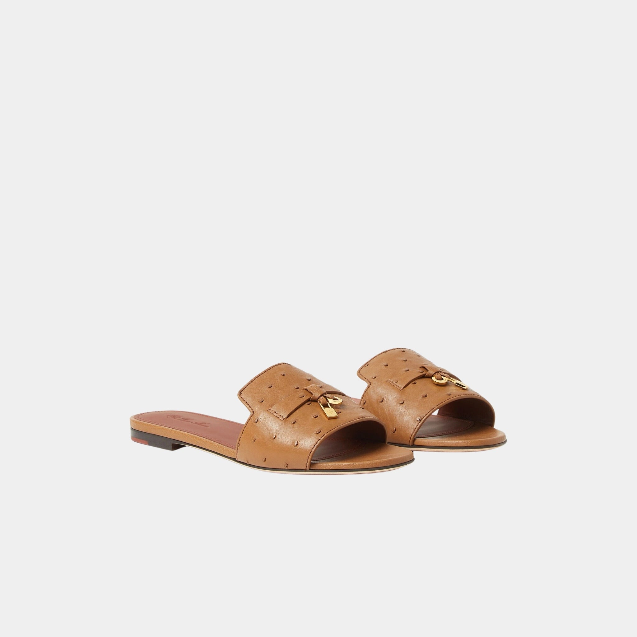 Loro Piana Summer Charms Sandal Flats Ostrich Leather, Colour Vicuna, Front