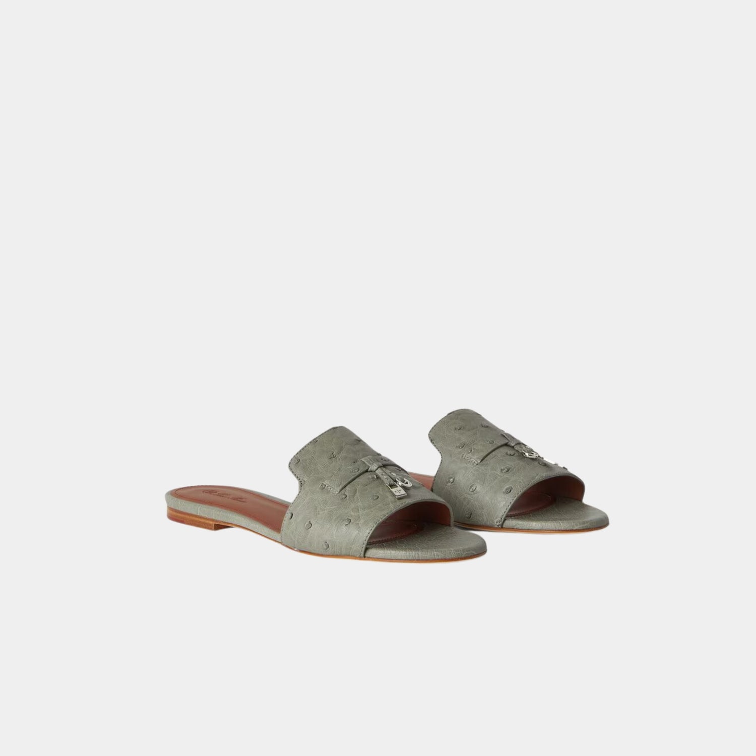 Loro Piana Summer Charms Sandal Flats Ostrich Leather, Yerba Mate, Front