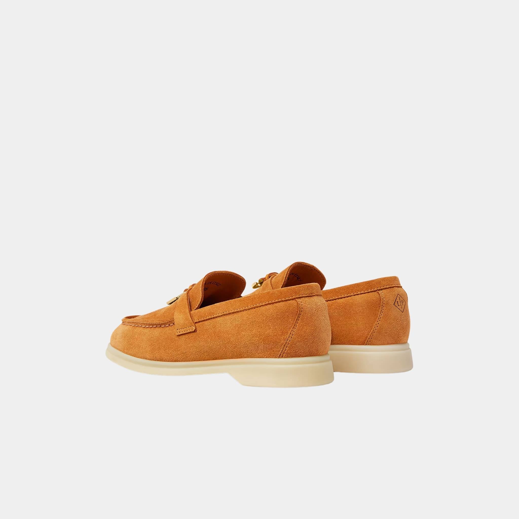 Loro Piana Summer Charms Walk Kids Loafers Suede, Gold Caramel, Back