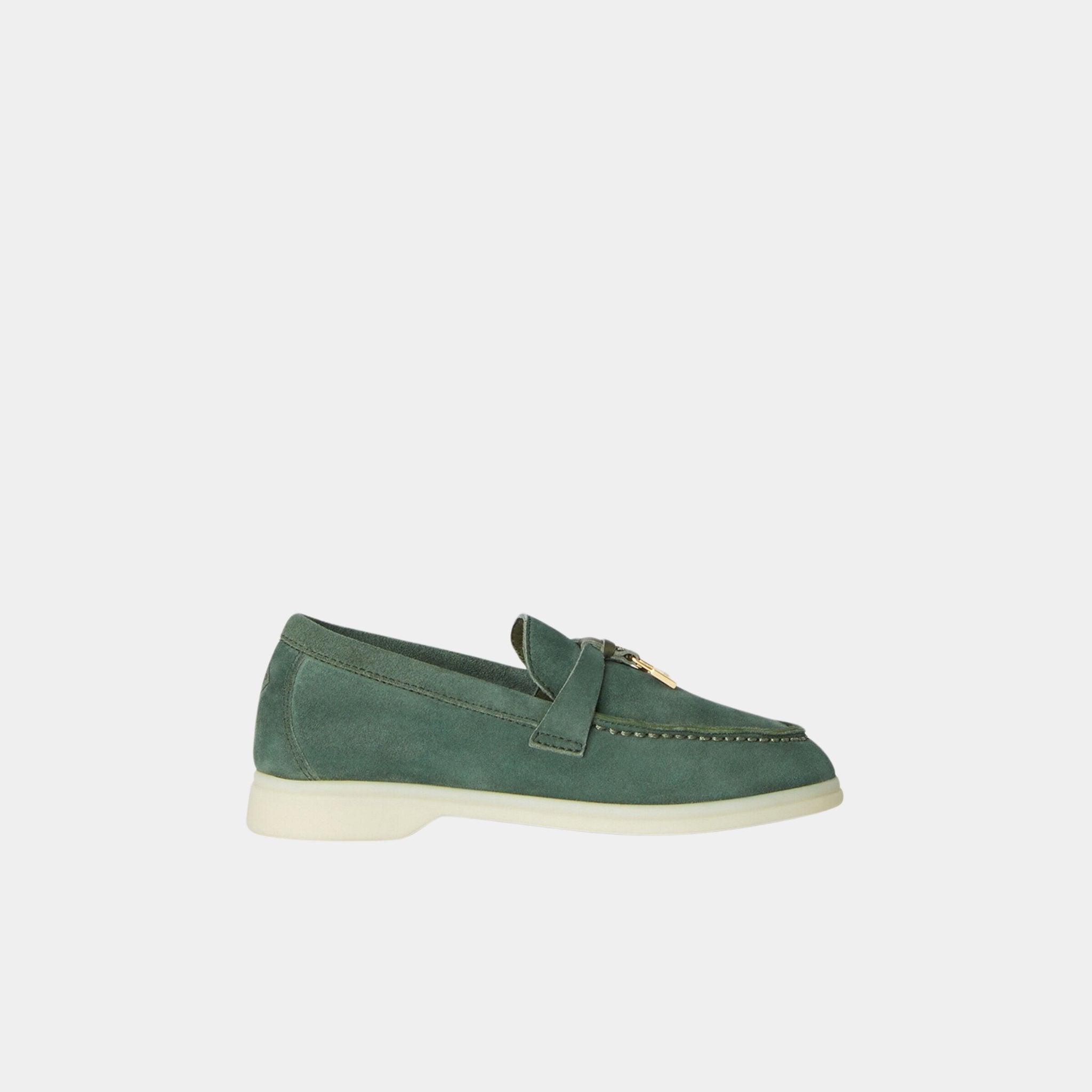 Loro Piana Summer Charms Walk Kids Loafers Suede, Green Thyme, Side