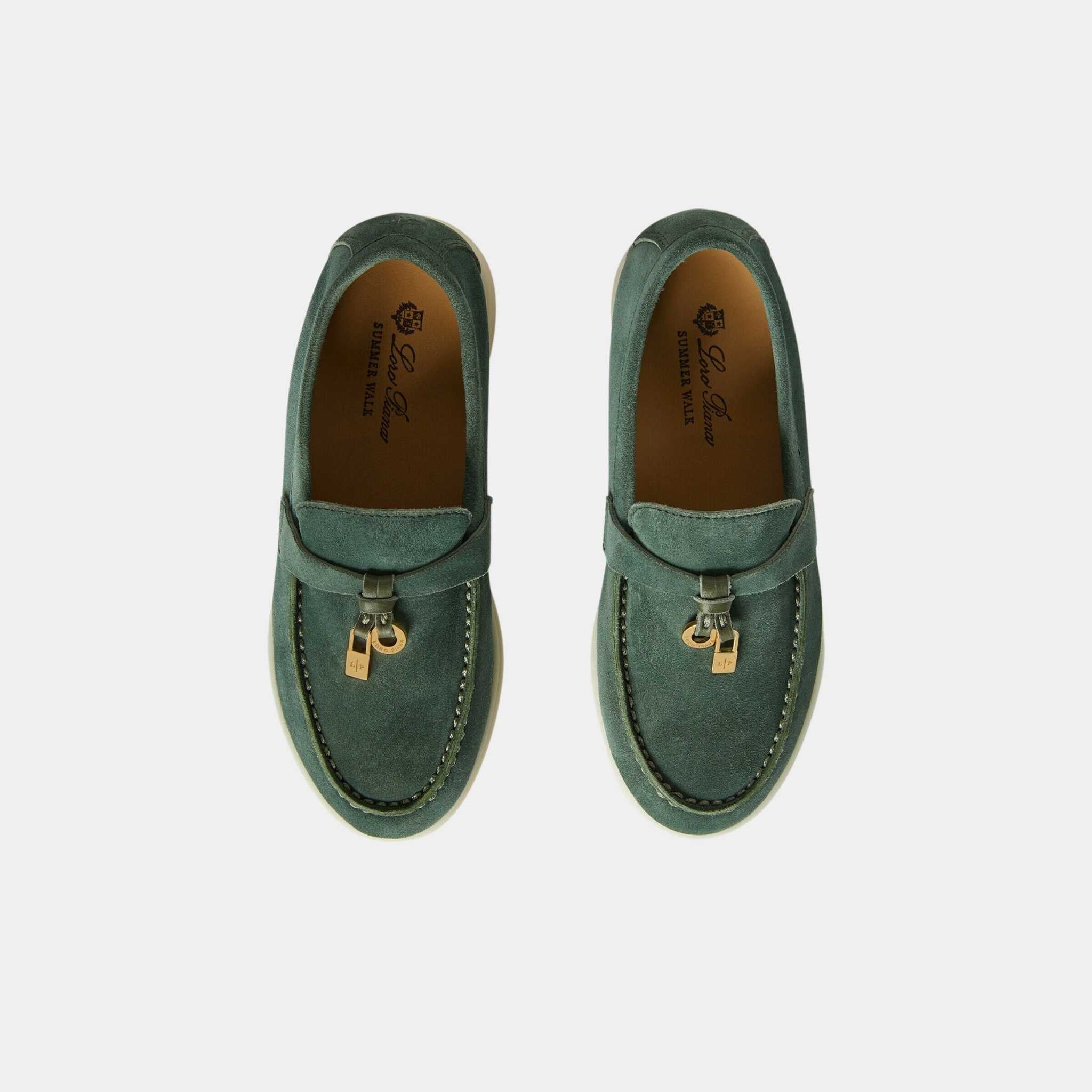 Loro Piana Summer Charms Walk Kids Loafers Suede, Green Thyme, Top