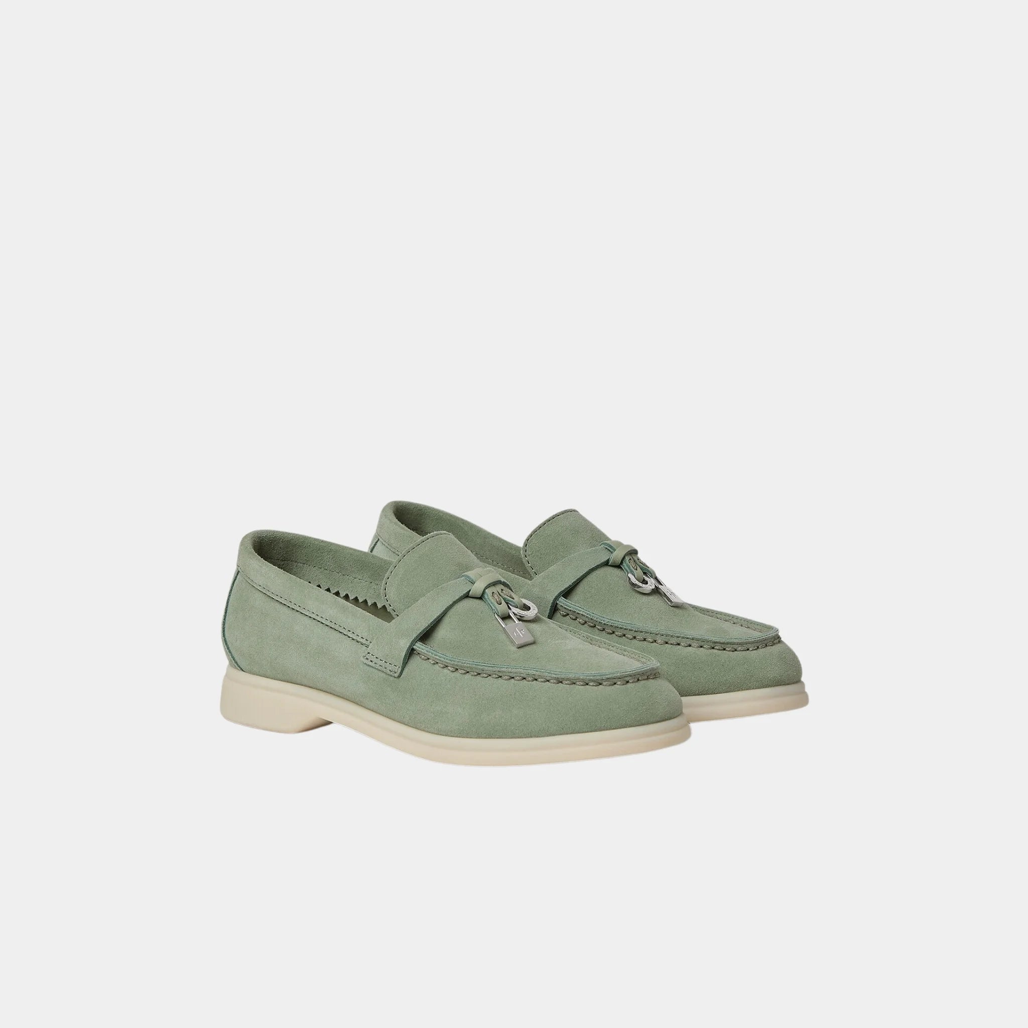 Loro Piana Kids Summer Charms Walk Loafers Suede, Marble Green Waters, Front