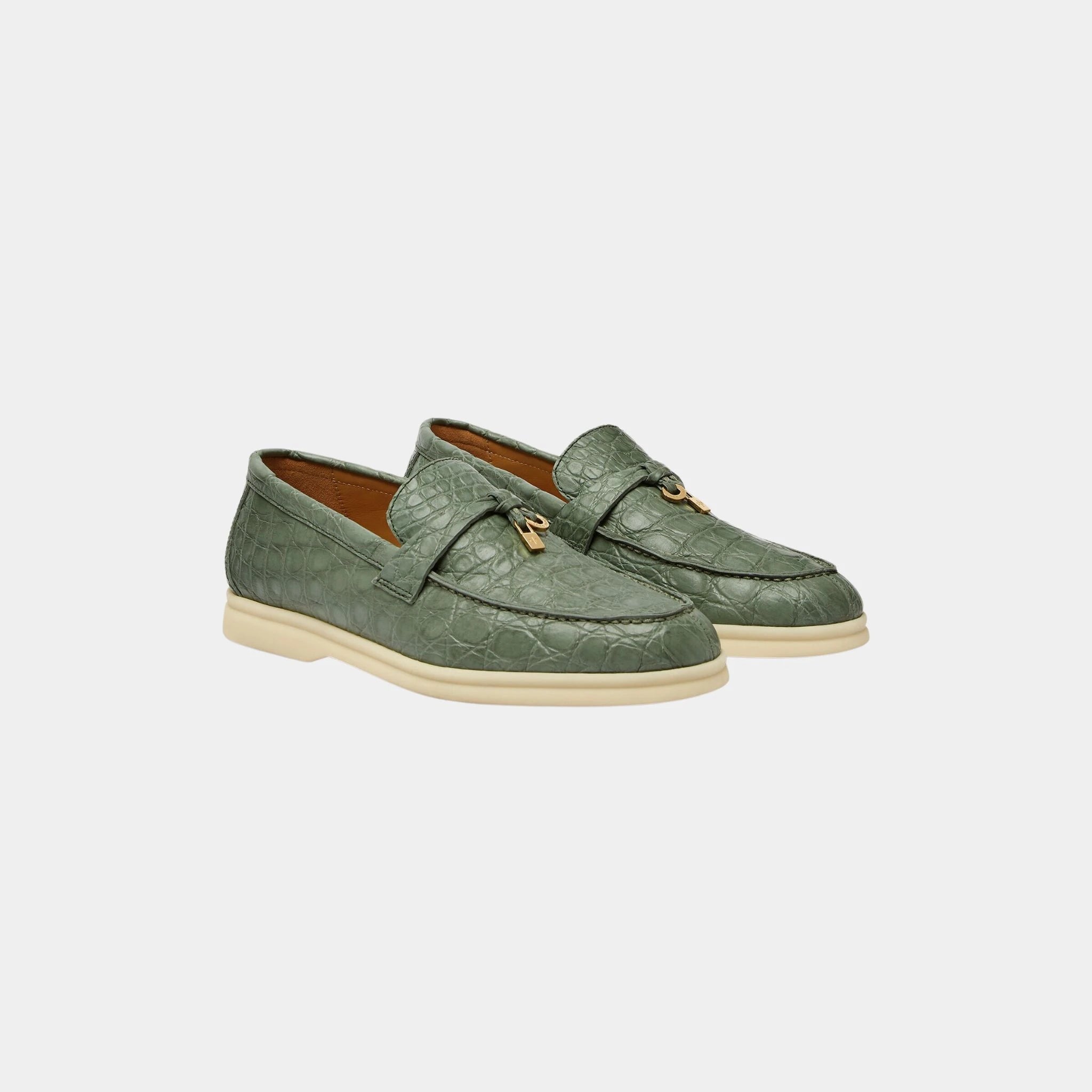 Loro Piana Summer Charms Walk Loafer in Caiman Leather, Green Lagoon, Front