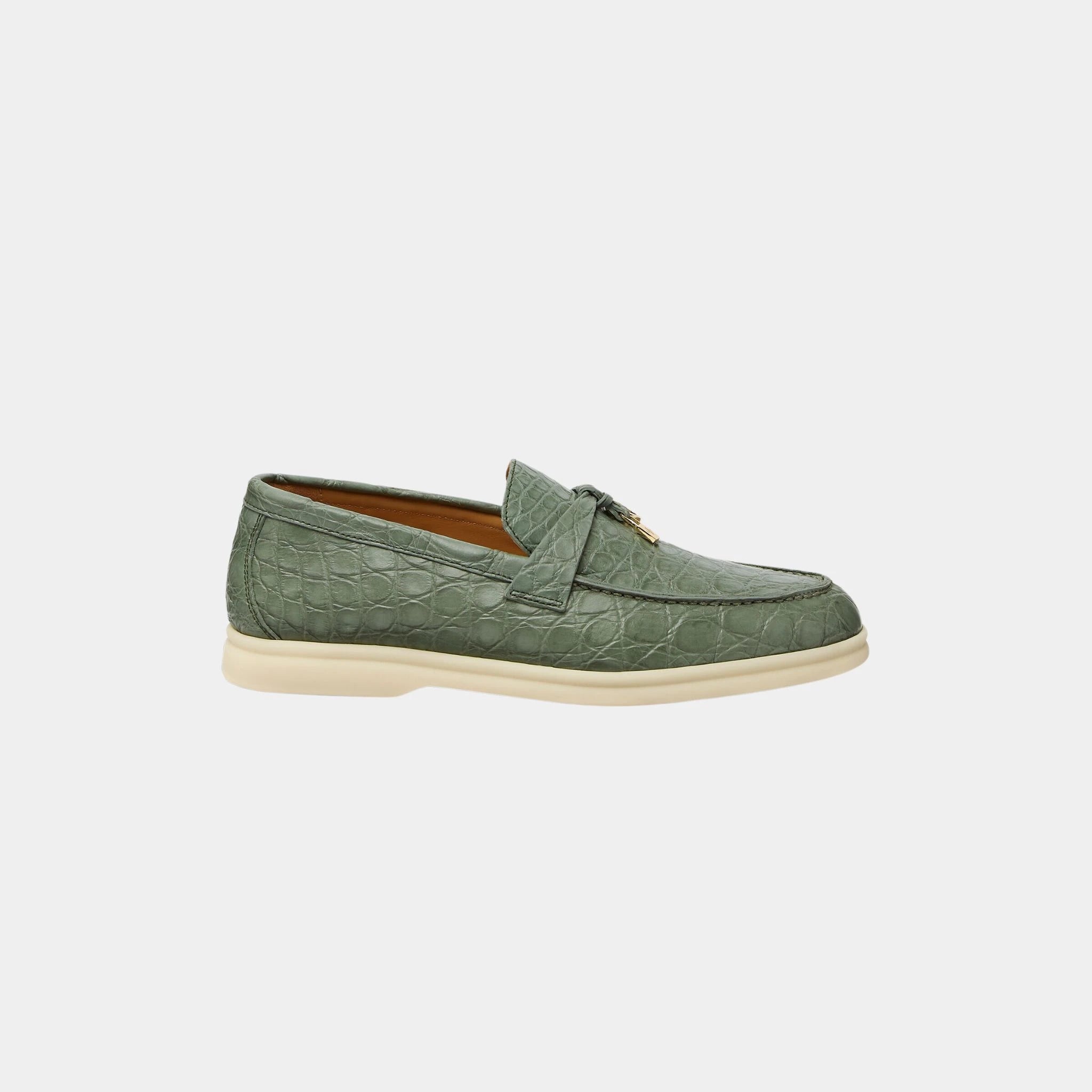 Loro Piana Summer Charms Walk Loafer in Caiman Leather, Green Lagoon, Side