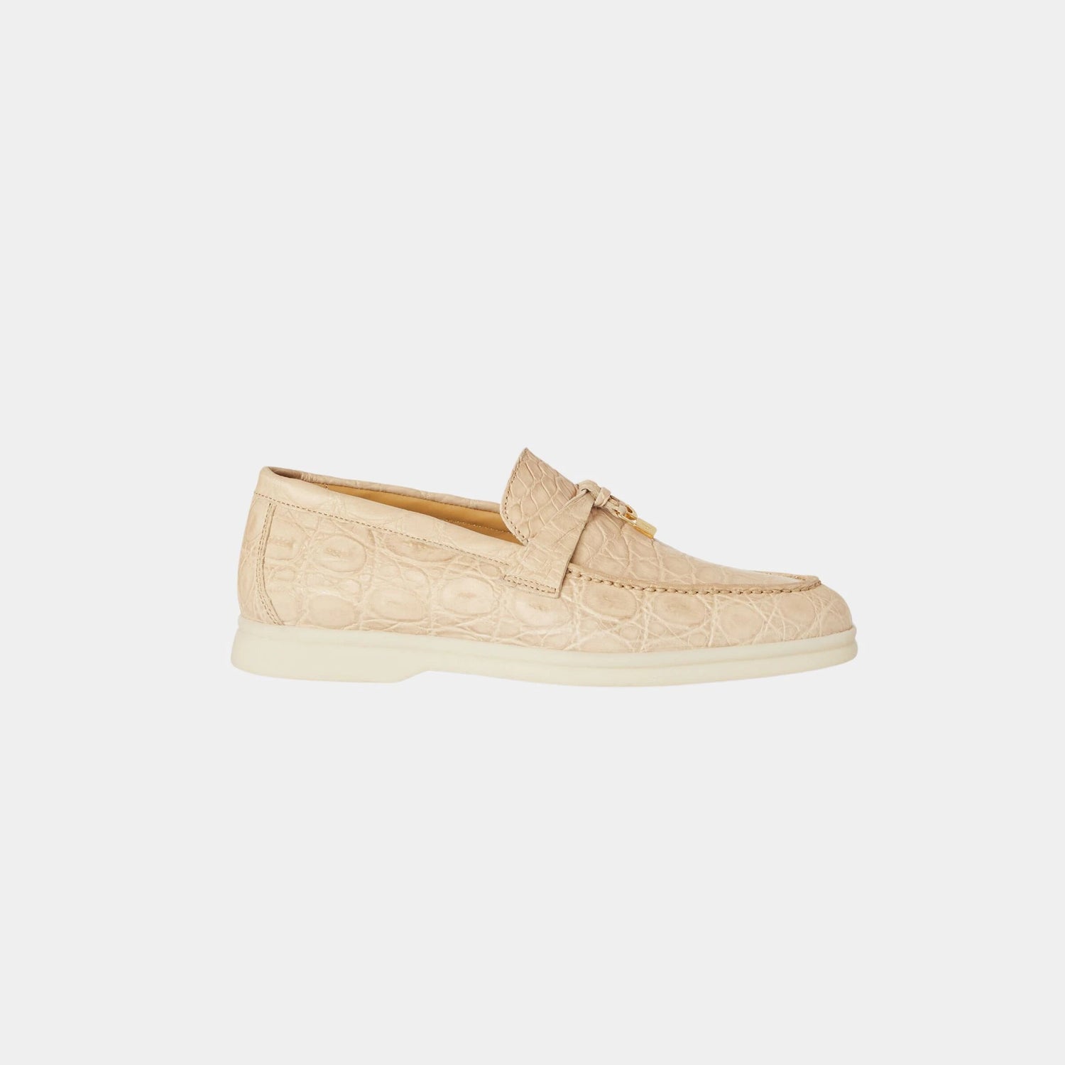 Loro Piana Summer Charms Walk Loafer in Caiman Leather, Light Mastic, Side