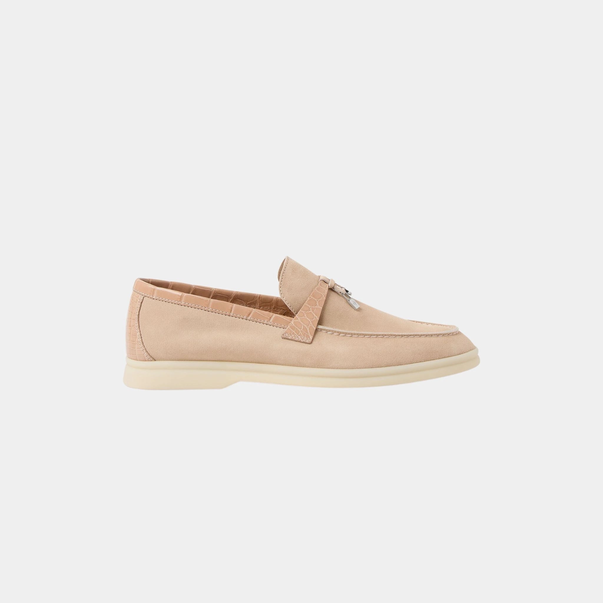Loro PIana Summer Charms Walk Loafer Suede with Alligator Skin, Himalaya Rose, Side