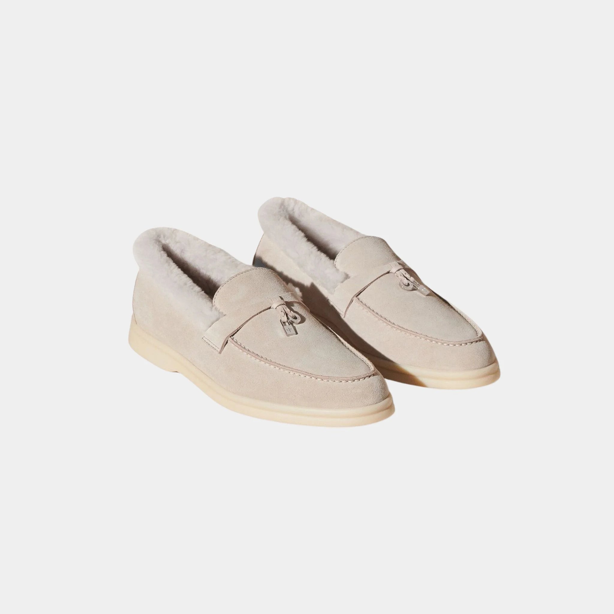 Loro Piana Summer Charms Walk Loafer Suede with Beaver Fur, Powder Pearl, Front
