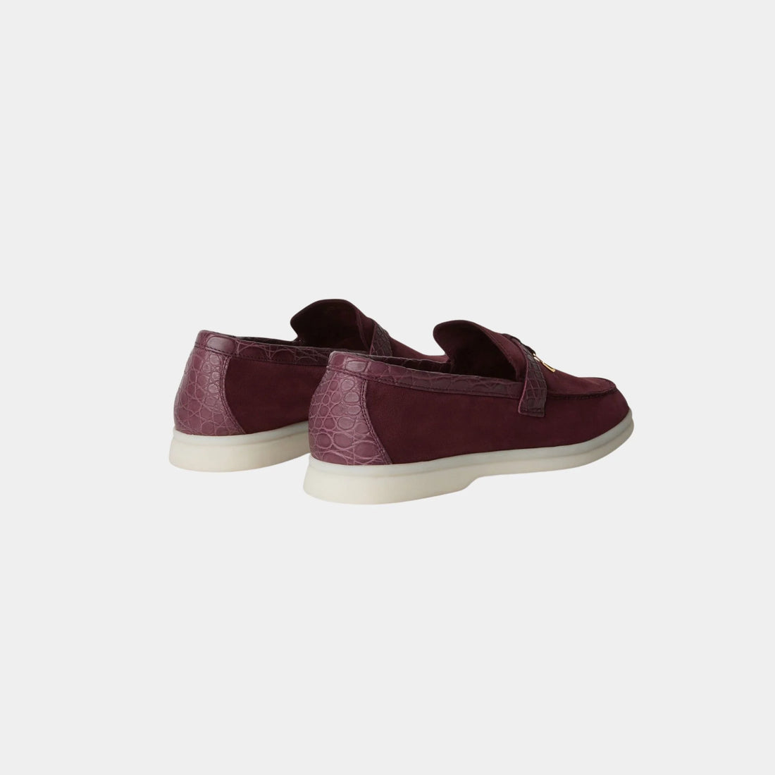 حذاء Loro Piana Summer Charms Walk Loafer من الشامواه مع جلد الكيمن، برقوق بري، من الخلف