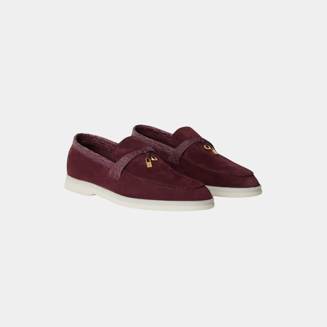 حذاء لوفر Summer Charms Walk من Loro Piana من الشمواه بجلد الكايمان، بلون البرقوق البري، من الأمام