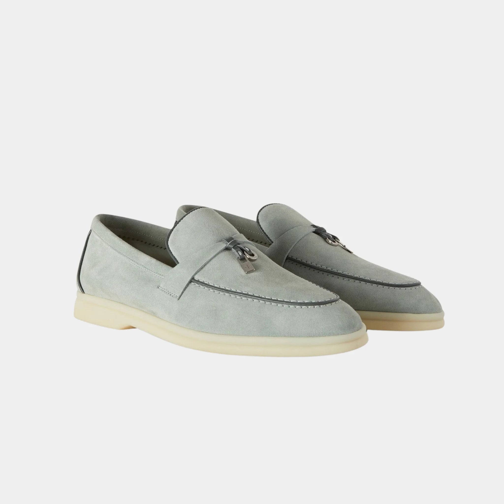 Loro Piana Summer Charms Walk Loafer in Suede &amp; Lambskin, Eucalyptus, Front