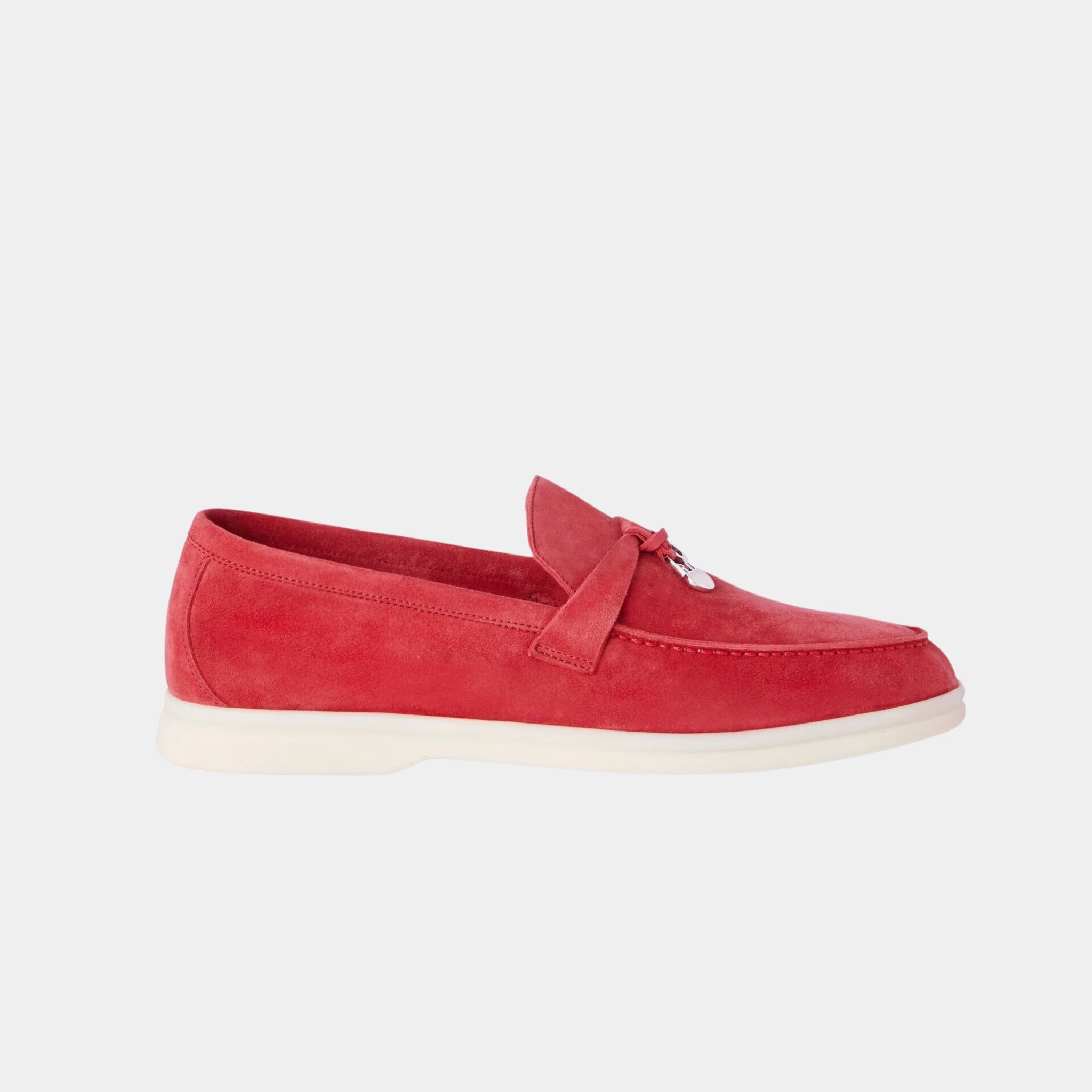 Loro Piana Summer Charms Walk Loafer in Suede with My Charms, Red Tango, Side