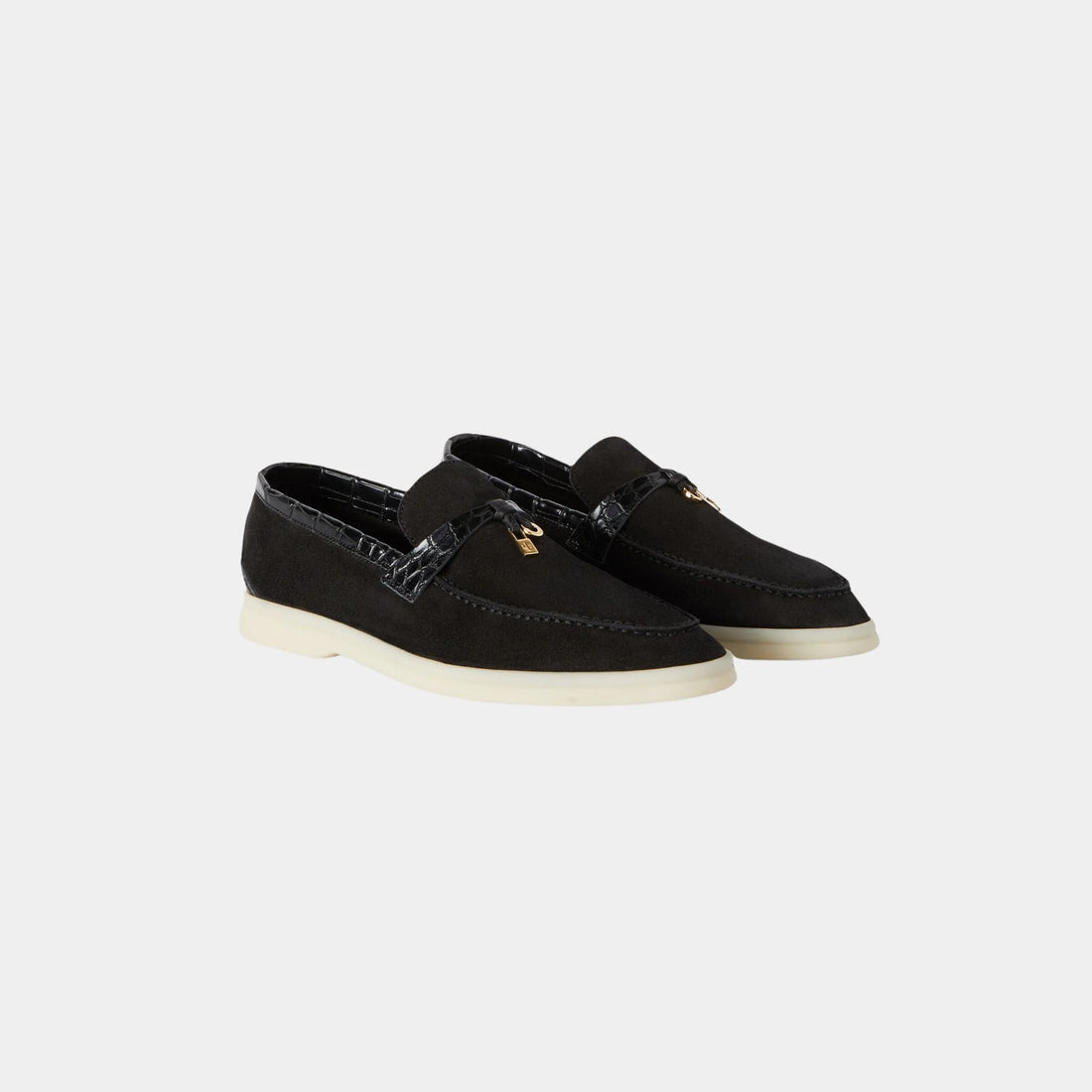 Loro Piana Summer Charms Walk Loafers Suede with Alligator Skin, Black, Front