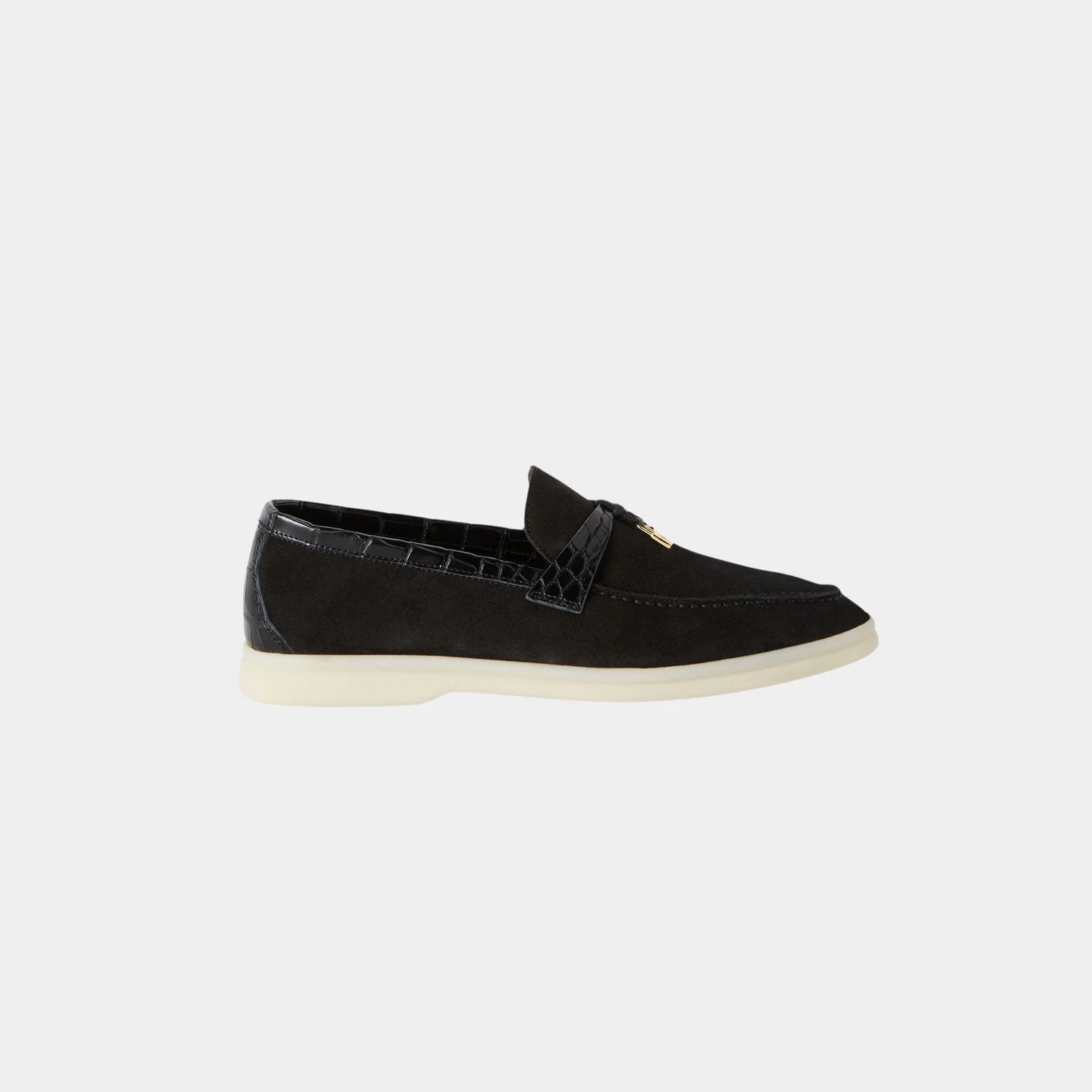Loro Piana Summer Charms Walk Loafers Suede with Alligator Skin, Black, Side